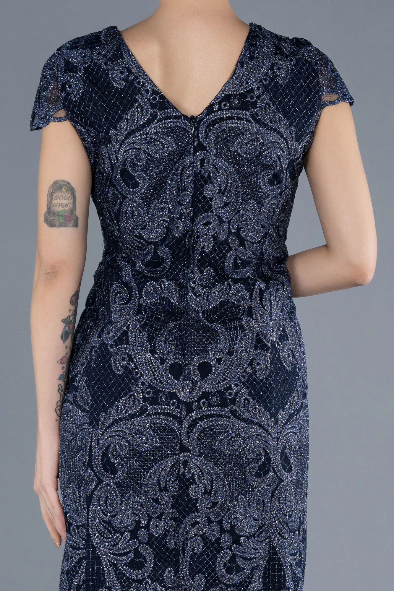 Navy Blue-Short Sleeve Guipure Midi Plus Size Invitation Dress ABK2229