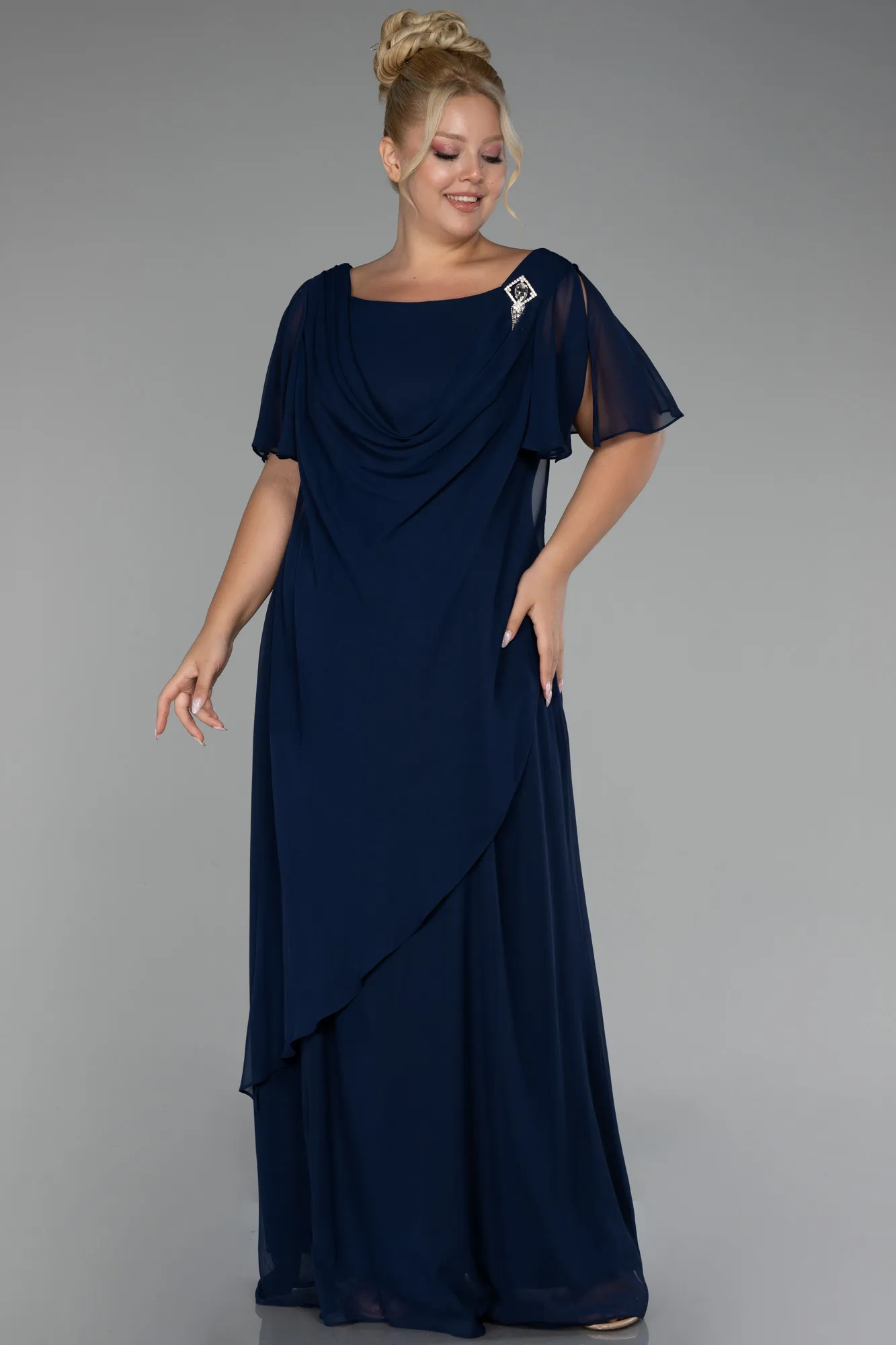 Navy Blue-Short Sleeve Long Chiffon Plus Size Evening Dress ABU4097