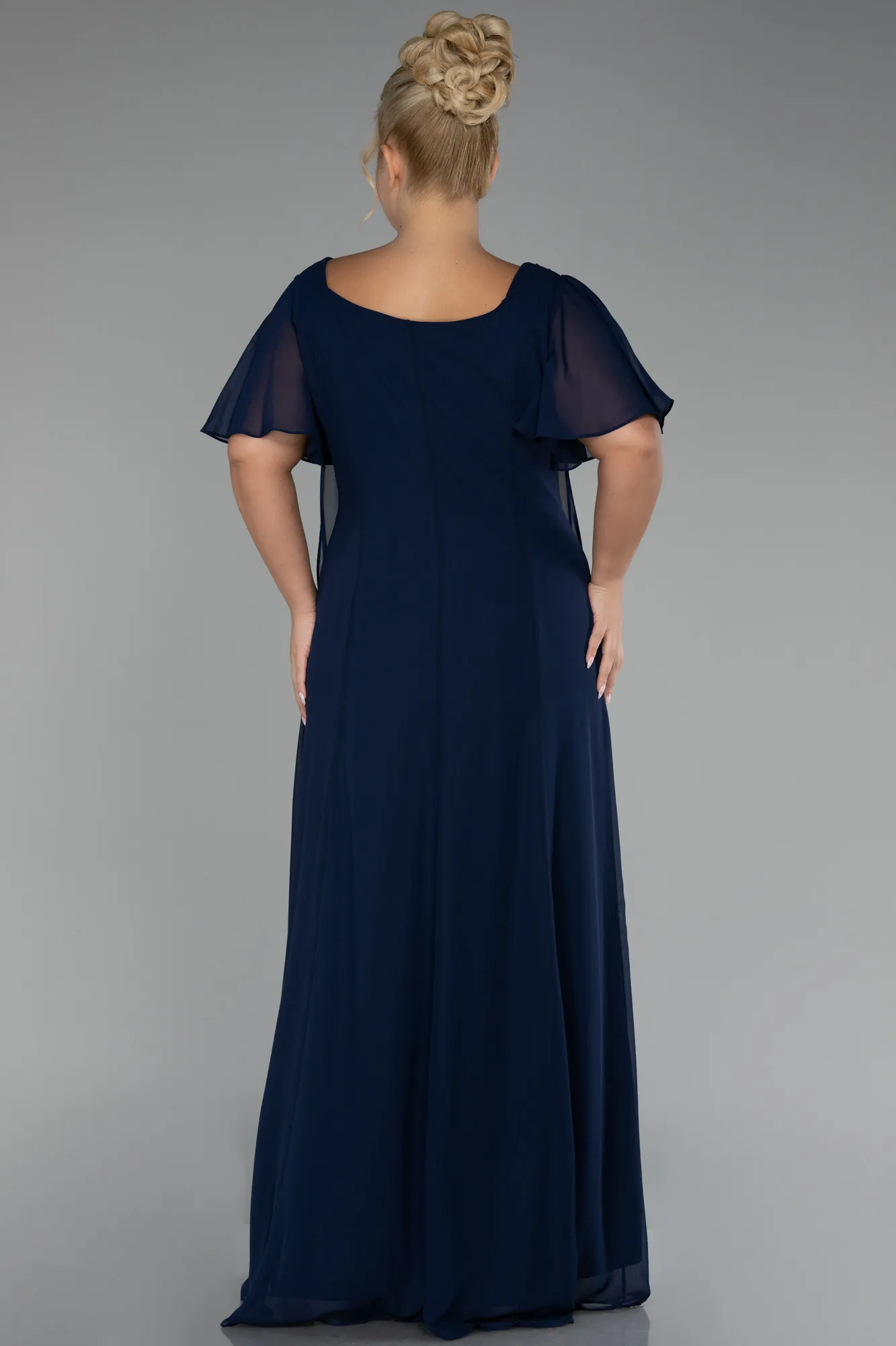 Navy Blue-Short Sleeve Long Chiffon Plus Size Evening Dress ABU4097