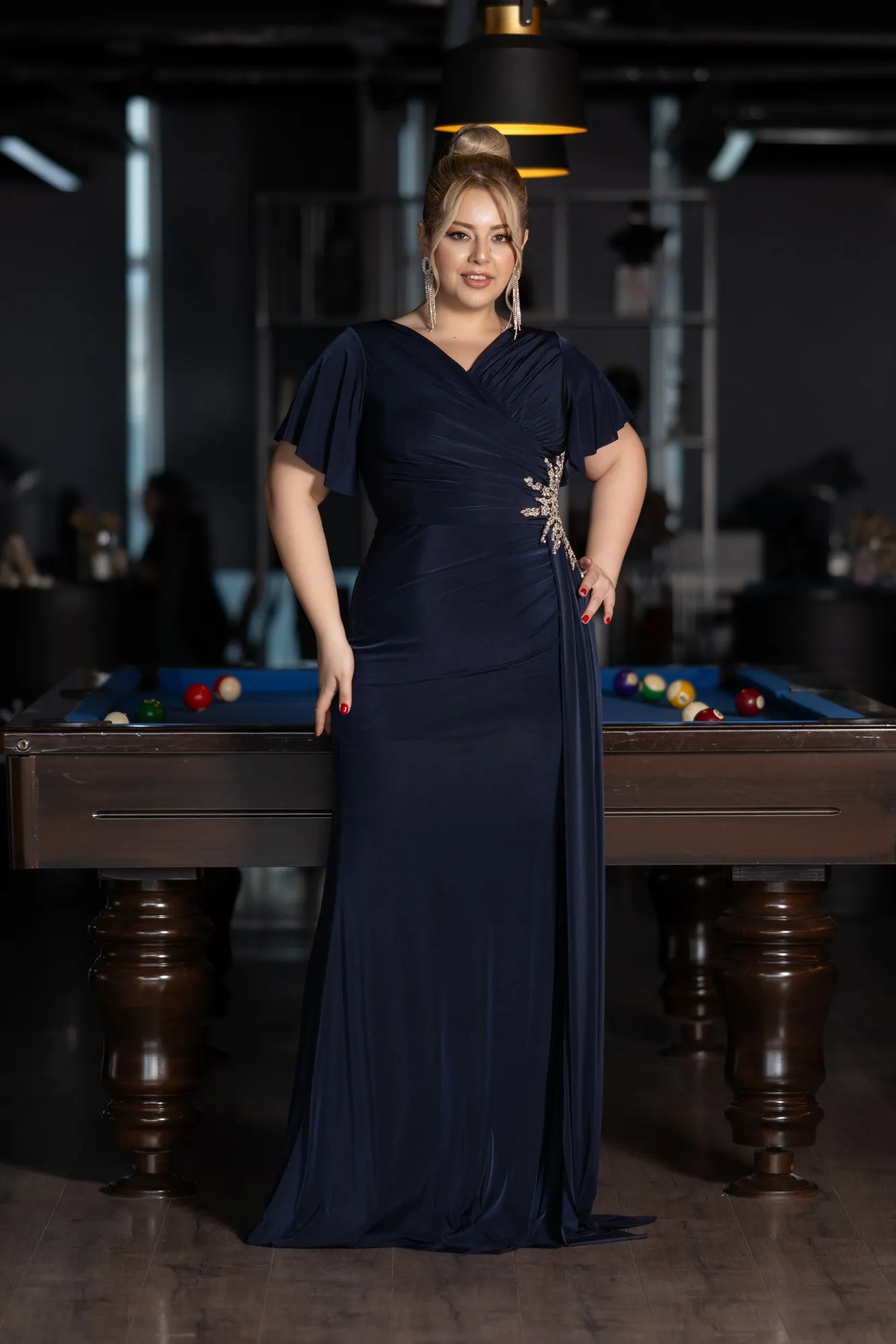 Navy Blue-Short Sleeve Long Plus Size Evening Dress ABU3918