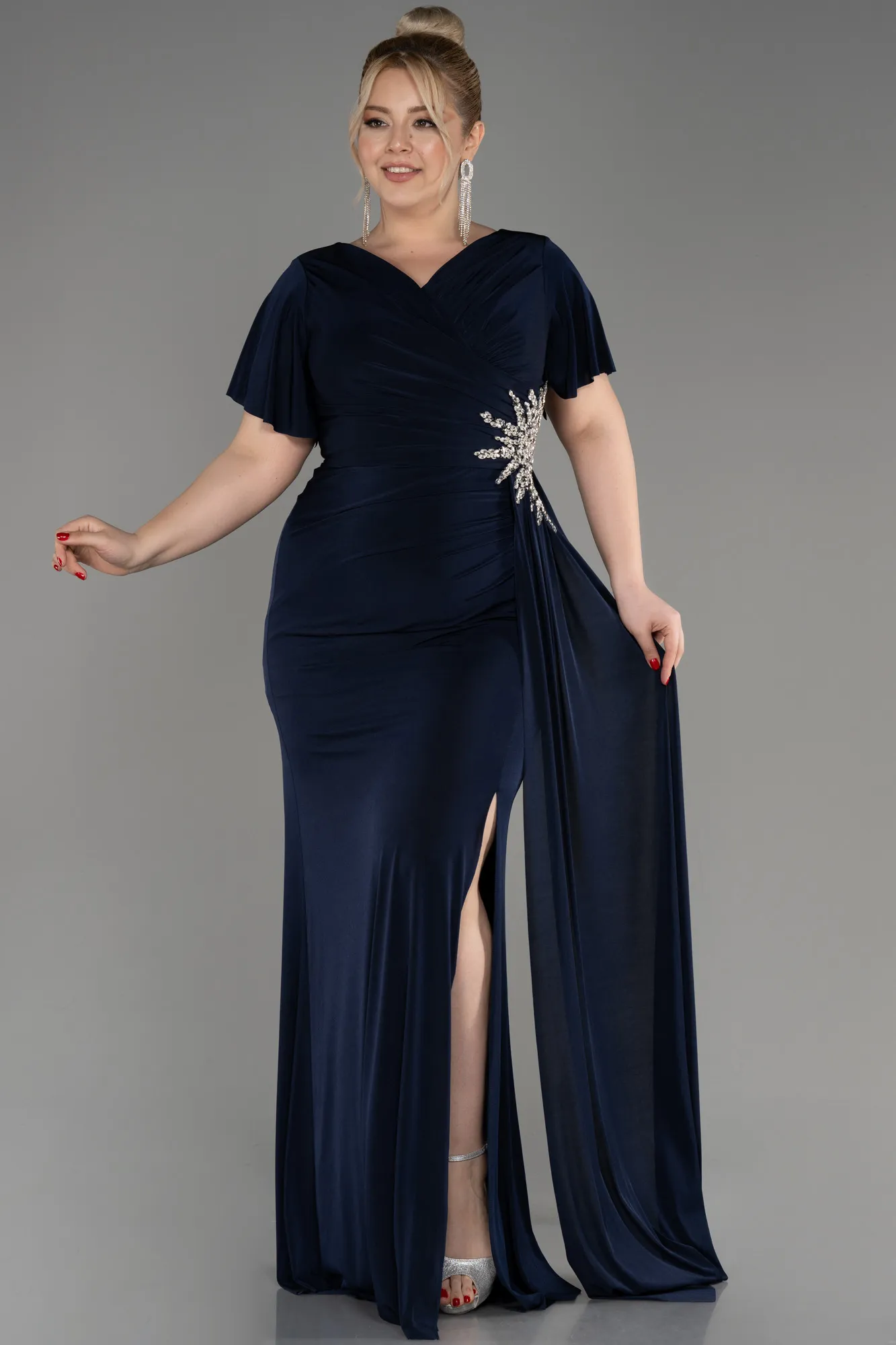 Navy Blue-Short Sleeve Long Plus Size Evening Dress ABU3918