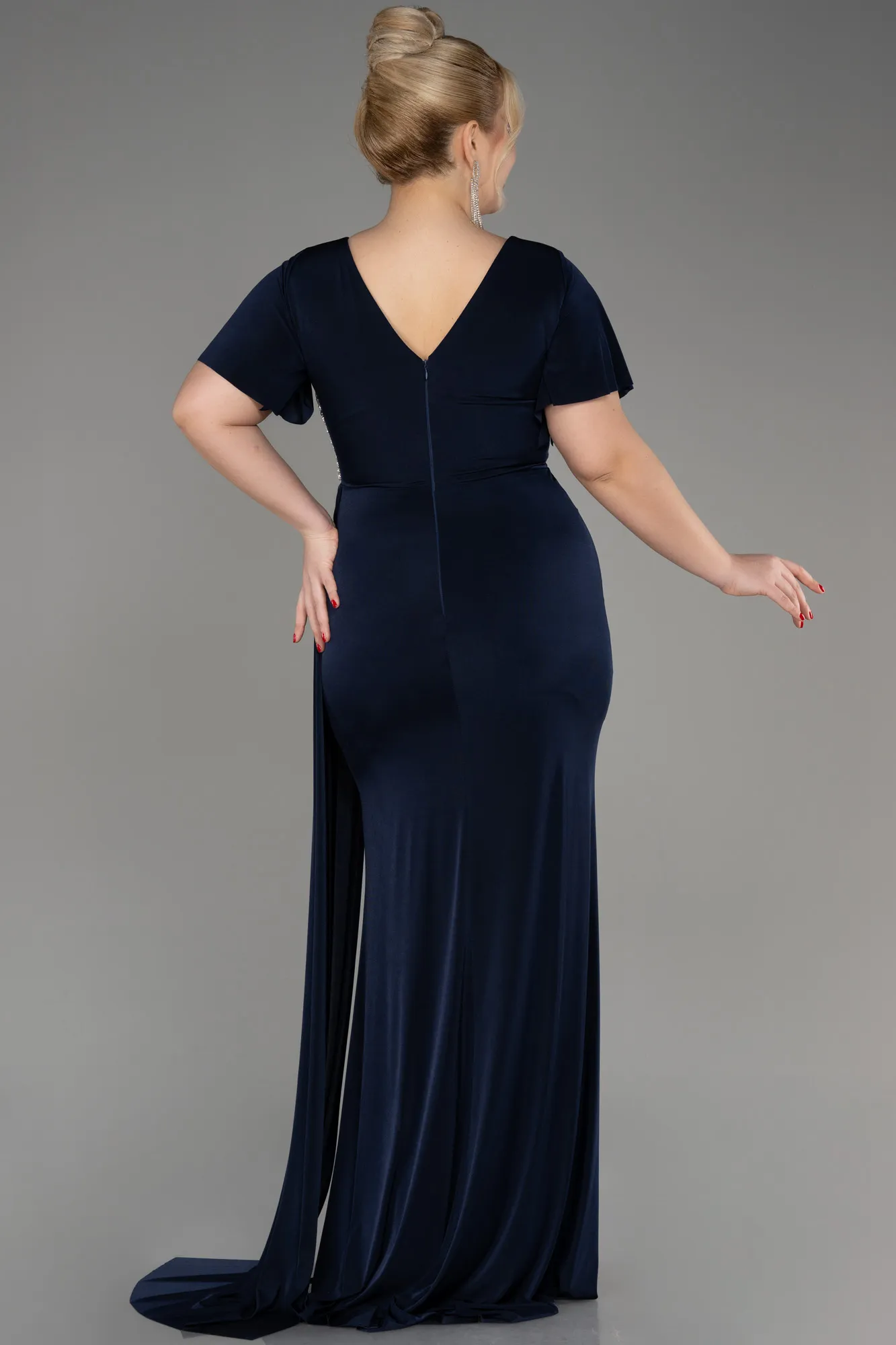 Navy Blue-Short Sleeve Long Plus Size Evening Dress ABU3918