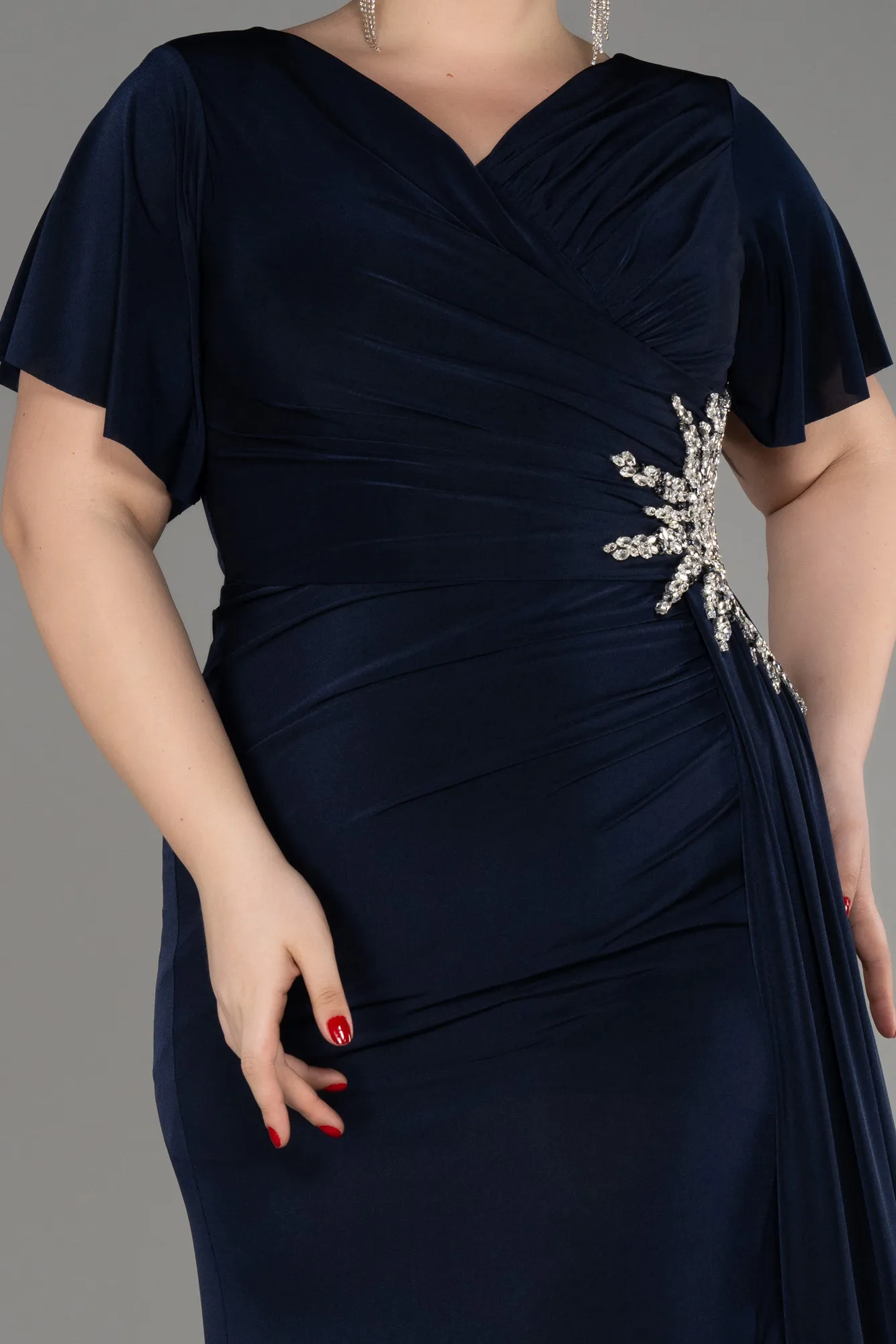 Navy Blue-Short Sleeve Long Plus Size Evening Dress ABU3918