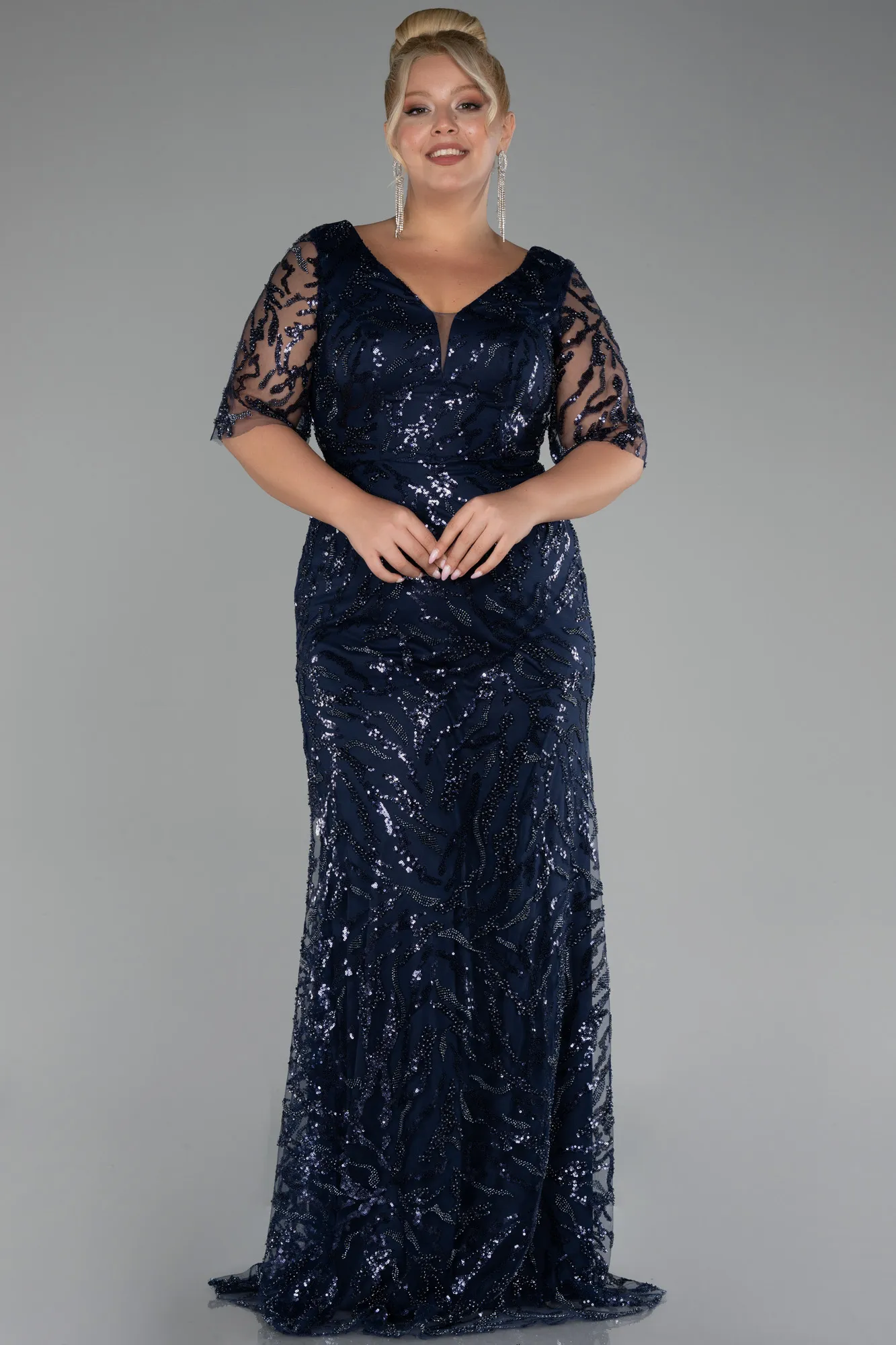 Navy Blue-Short Sleeve Long Scaly Plus Size Evening Gown ABU4201