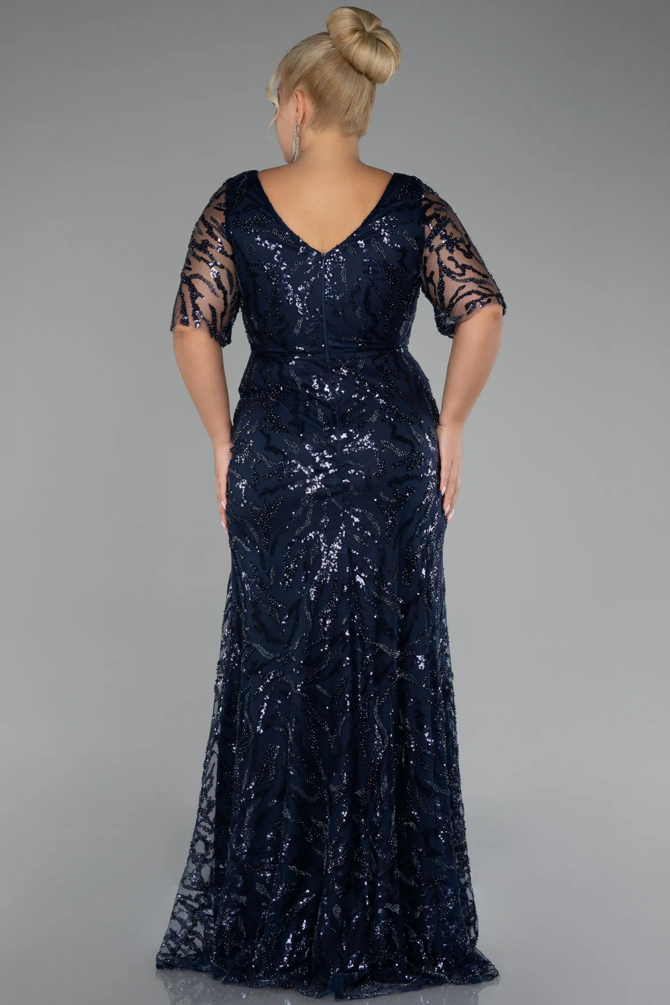 Navy Blue-Short Sleeve Long Scaly Plus Size Evening Gown ABU4201