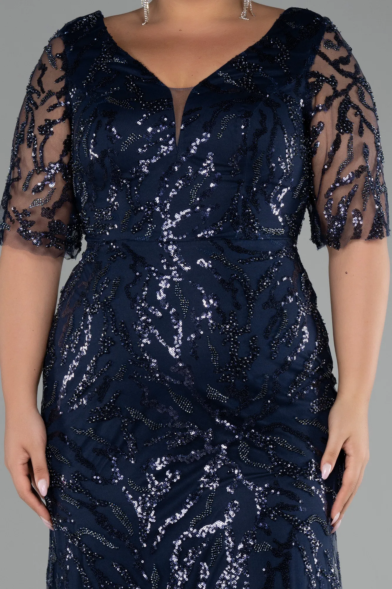 Navy Blue-Short Sleeve Long Scaly Plus Size Evening Gown ABU4201