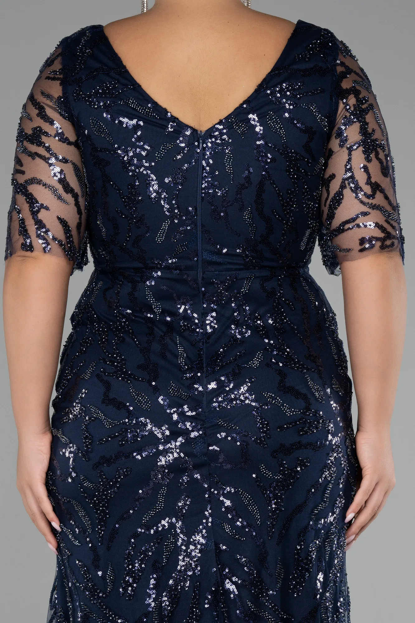 Navy Blue-Short Sleeve Long Scaly Plus Size Evening Gown ABU4201