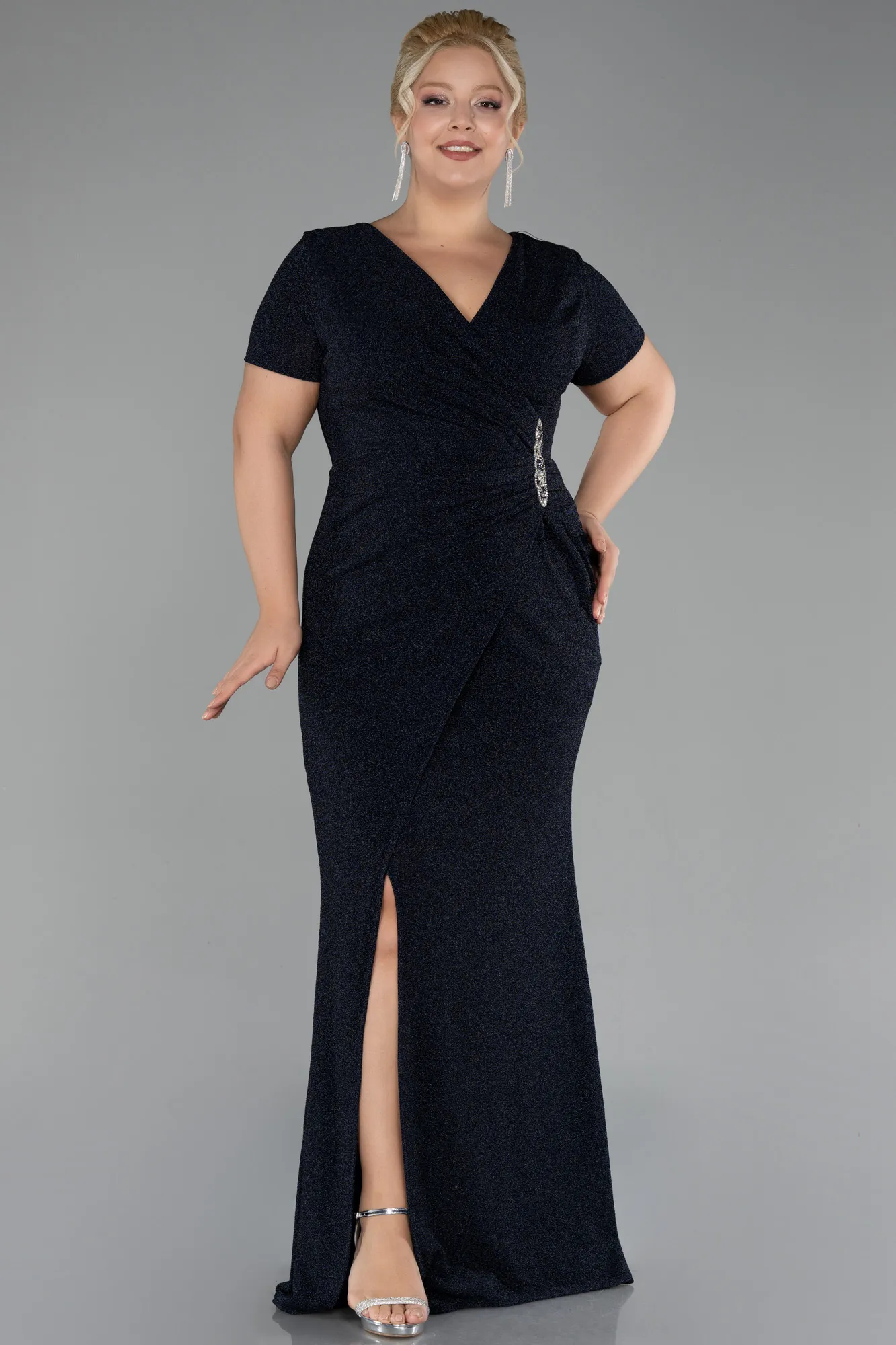 Navy Blue-Short Sleeve Long Silvery Plus Size Evening Dress ABU4101