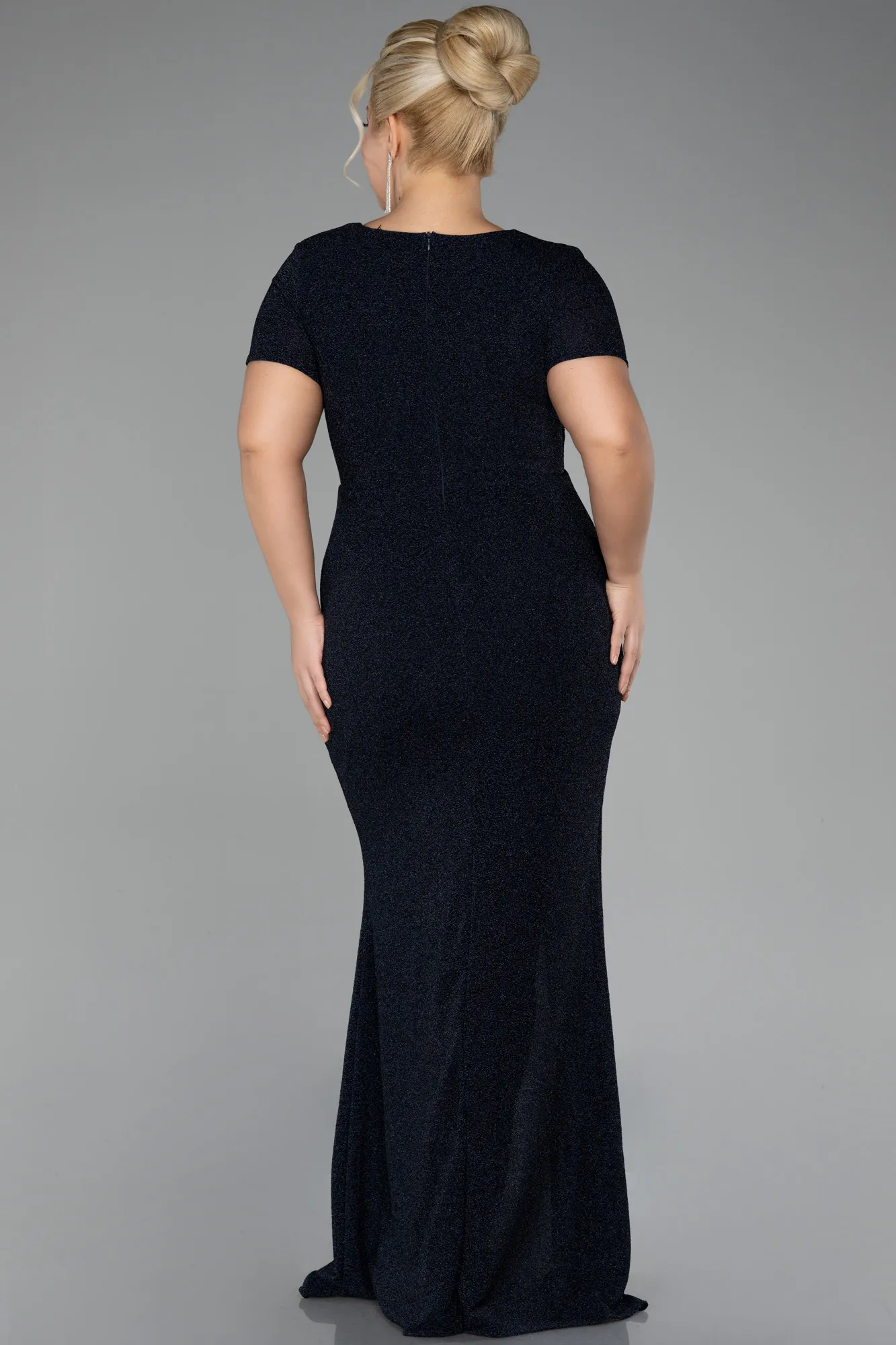 Navy Blue-Short Sleeve Long Silvery Plus Size Evening Dress ABU4101