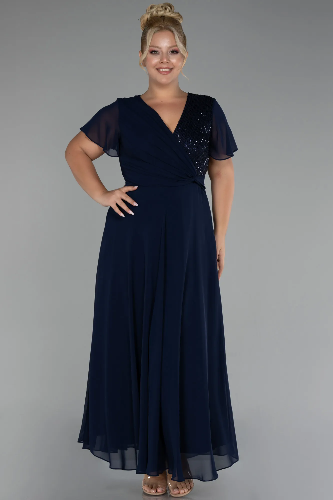 Navy Blue-Short Sleeve Midi Chiffon Plus Size Evening Dress ABU4098