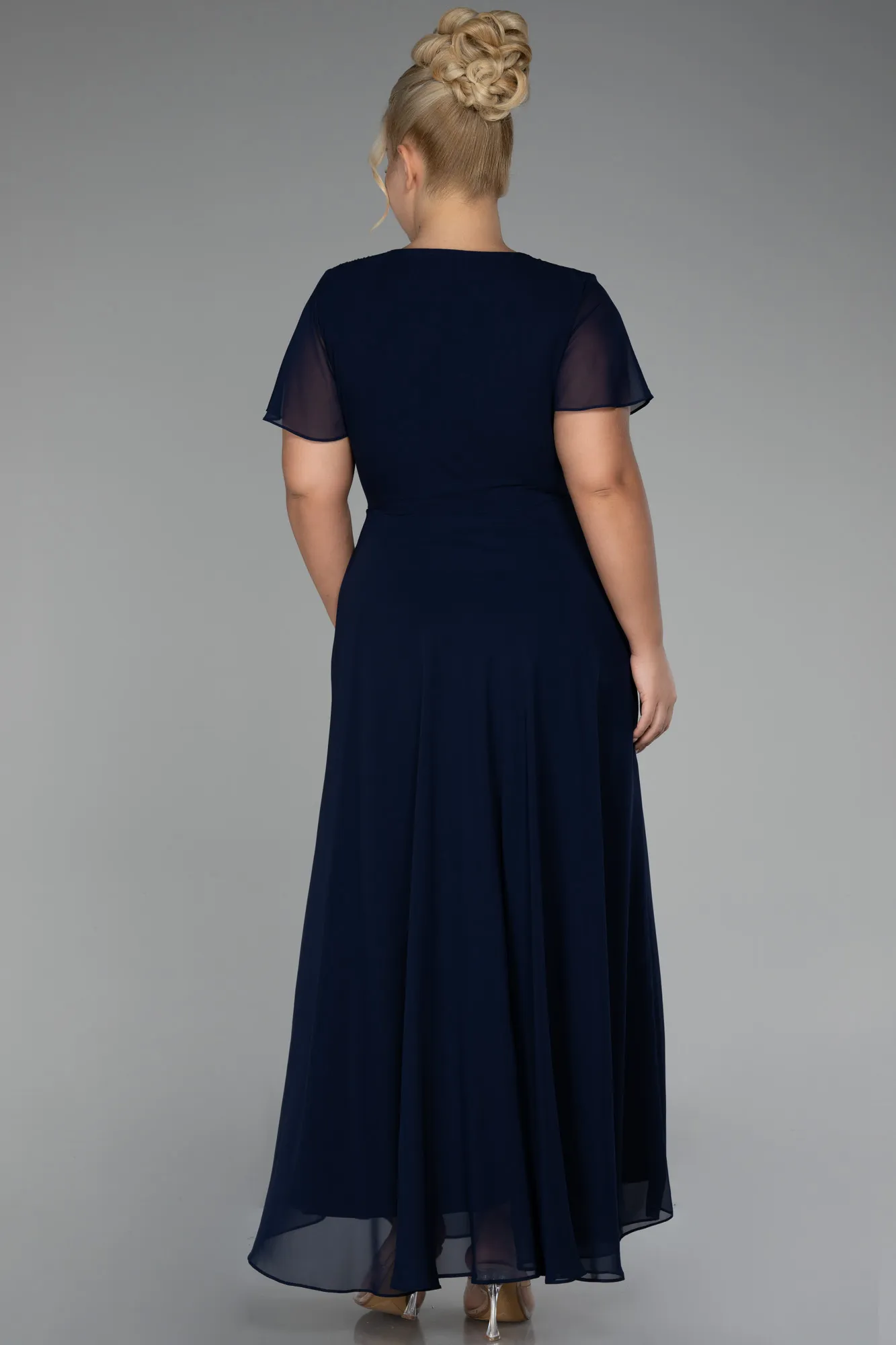 Navy Blue-Short Sleeve Midi Chiffon Plus Size Evening Dress ABU4098