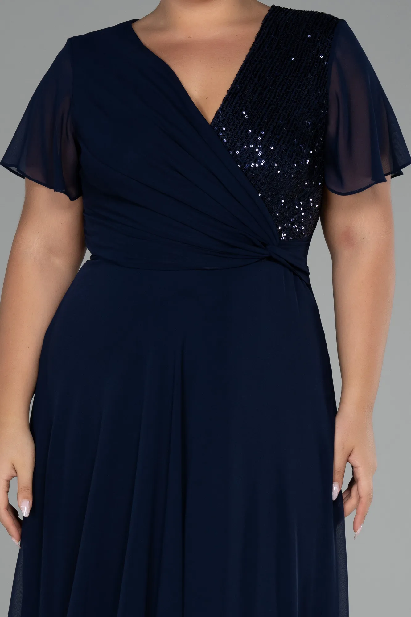 Navy Blue-Short Sleeve Midi Chiffon Plus Size Evening Dress ABU4098