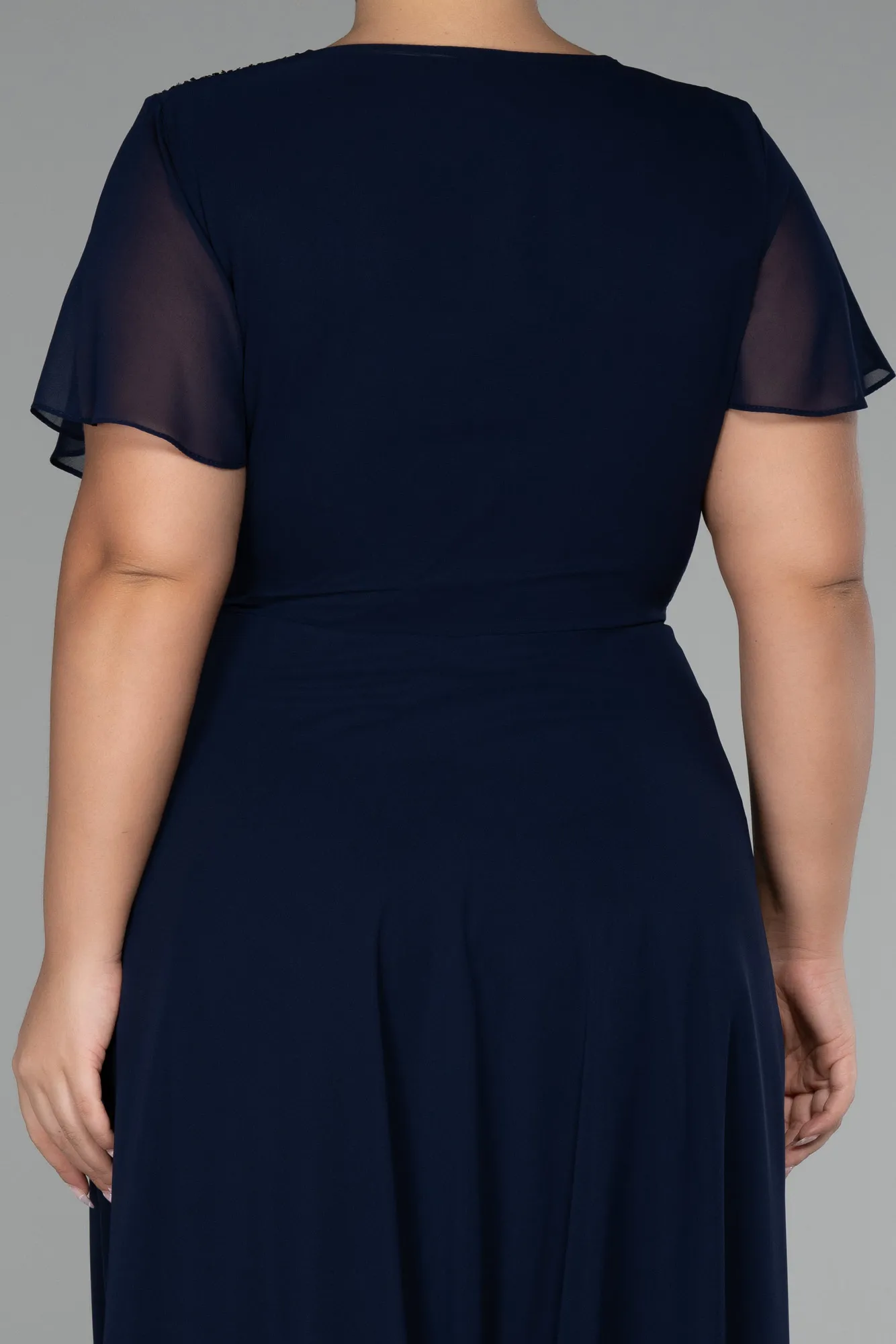 Navy Blue-Short Sleeve Midi Chiffon Plus Size Evening Dress ABU4098