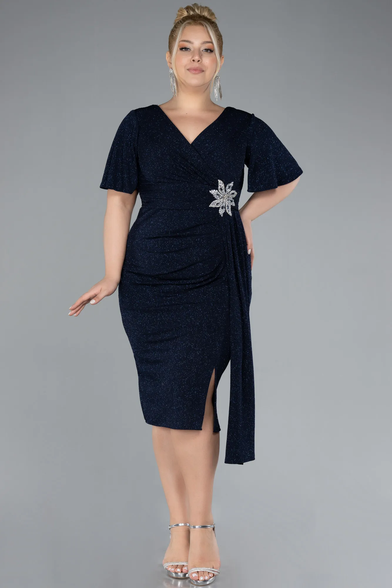 Navy Blue-Short Sleeve Midi Glittery Plus Size Cocktail Dress ABK2146