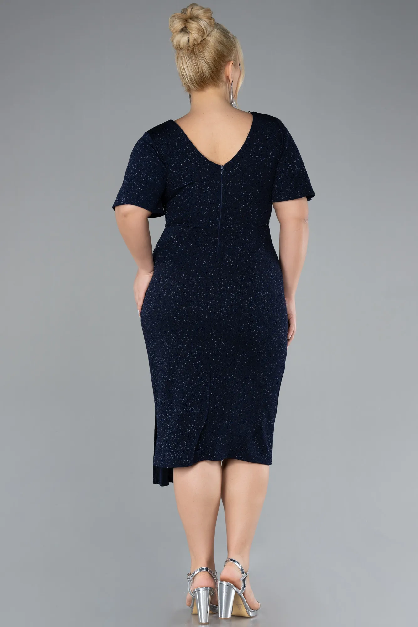 Navy Blue-Short Sleeve Midi Glittery Plus Size Cocktail Dress ABK2146