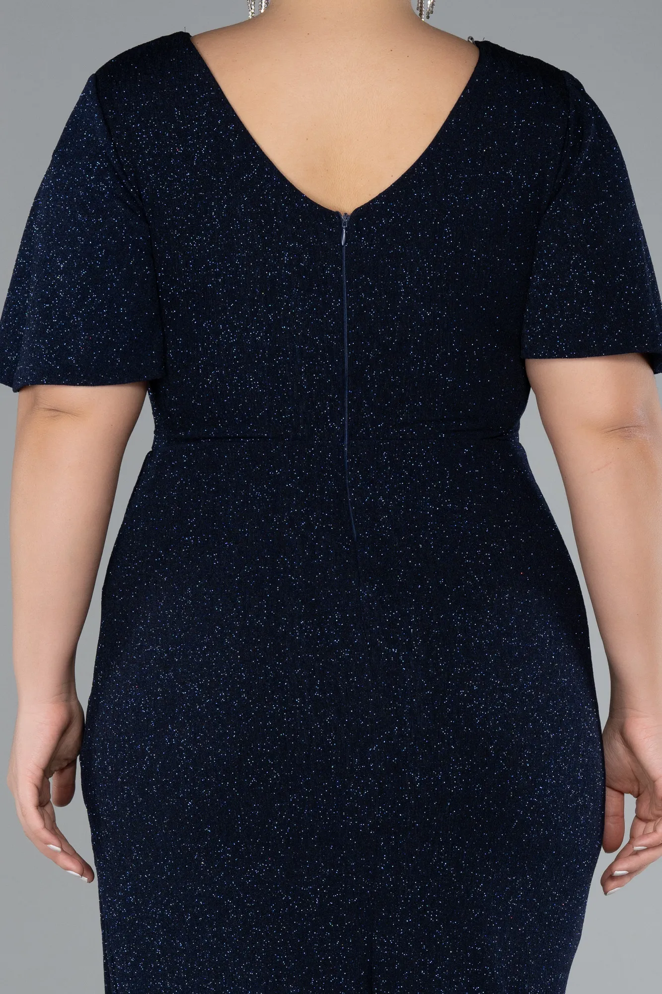 Navy Blue-Short Sleeve Midi Glittery Plus Size Cocktail Dress ABK2146