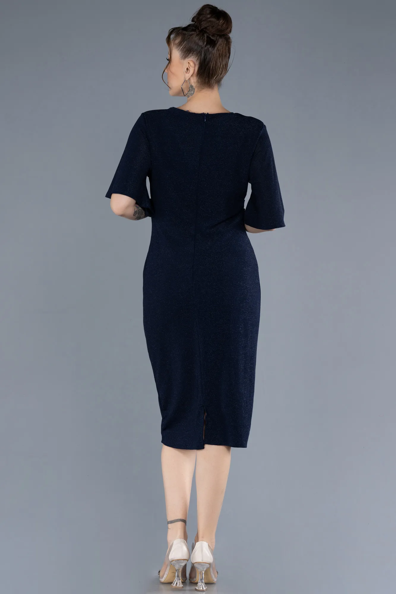 Navy Blue-Short Sleeve Midi Glittery Plus Size Invitation Dress ABK2224