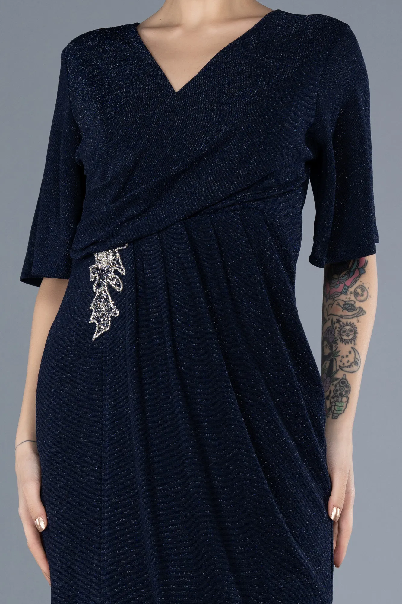 Navy Blue-Short Sleeve Midi Glittery Plus Size Invitation Dress ABK2224