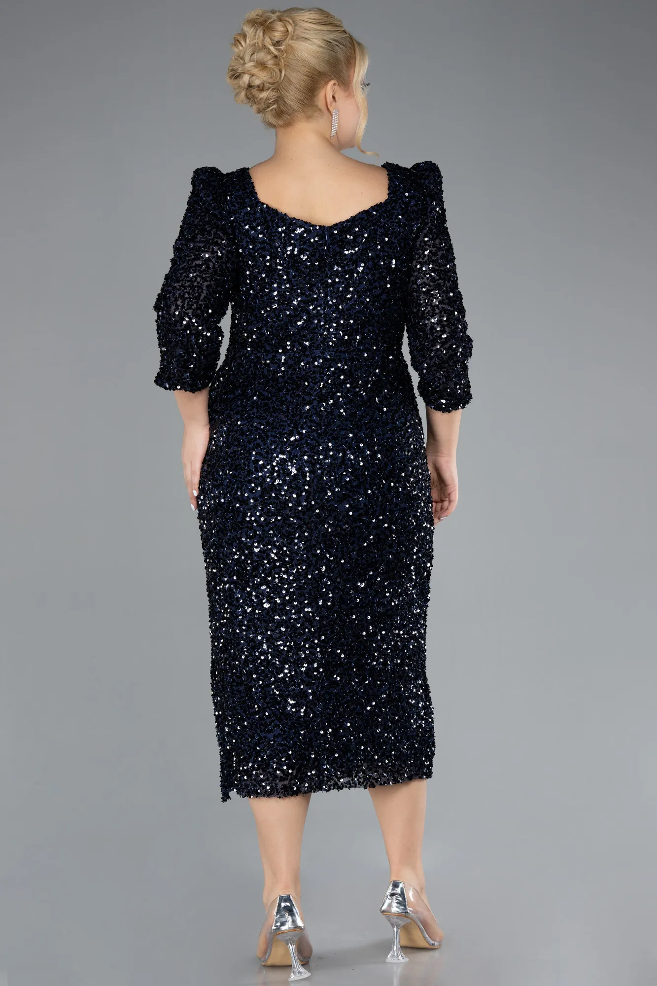 Navy Blue-Short Sleeve Midi Scaly Evening Dress ABK2172