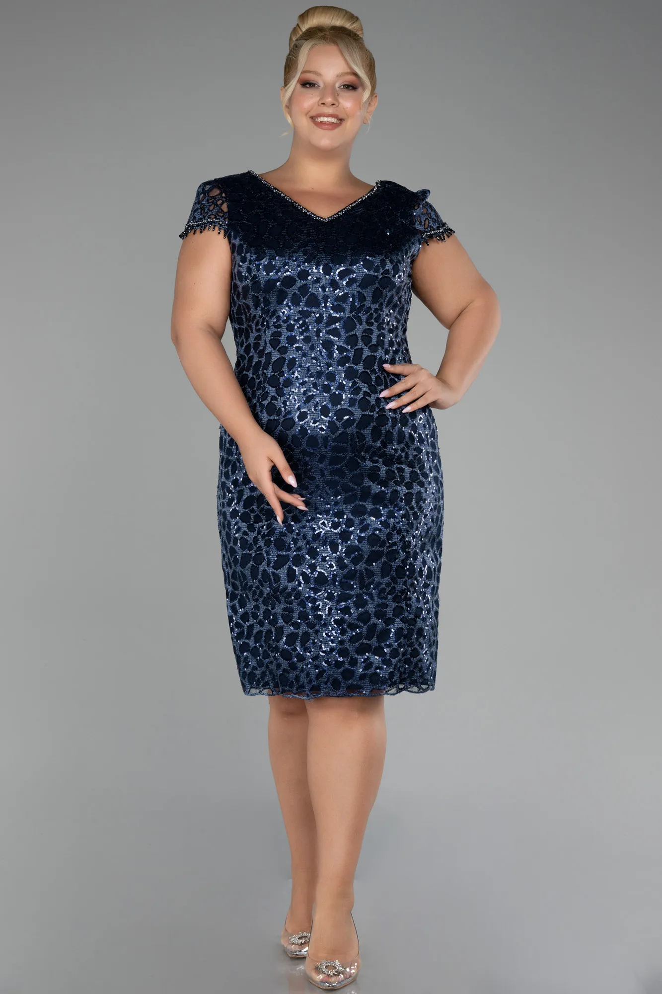 Navy Blue-Short Sleeve Midi Scaly Plus Size Cocktail Dress ABK2132