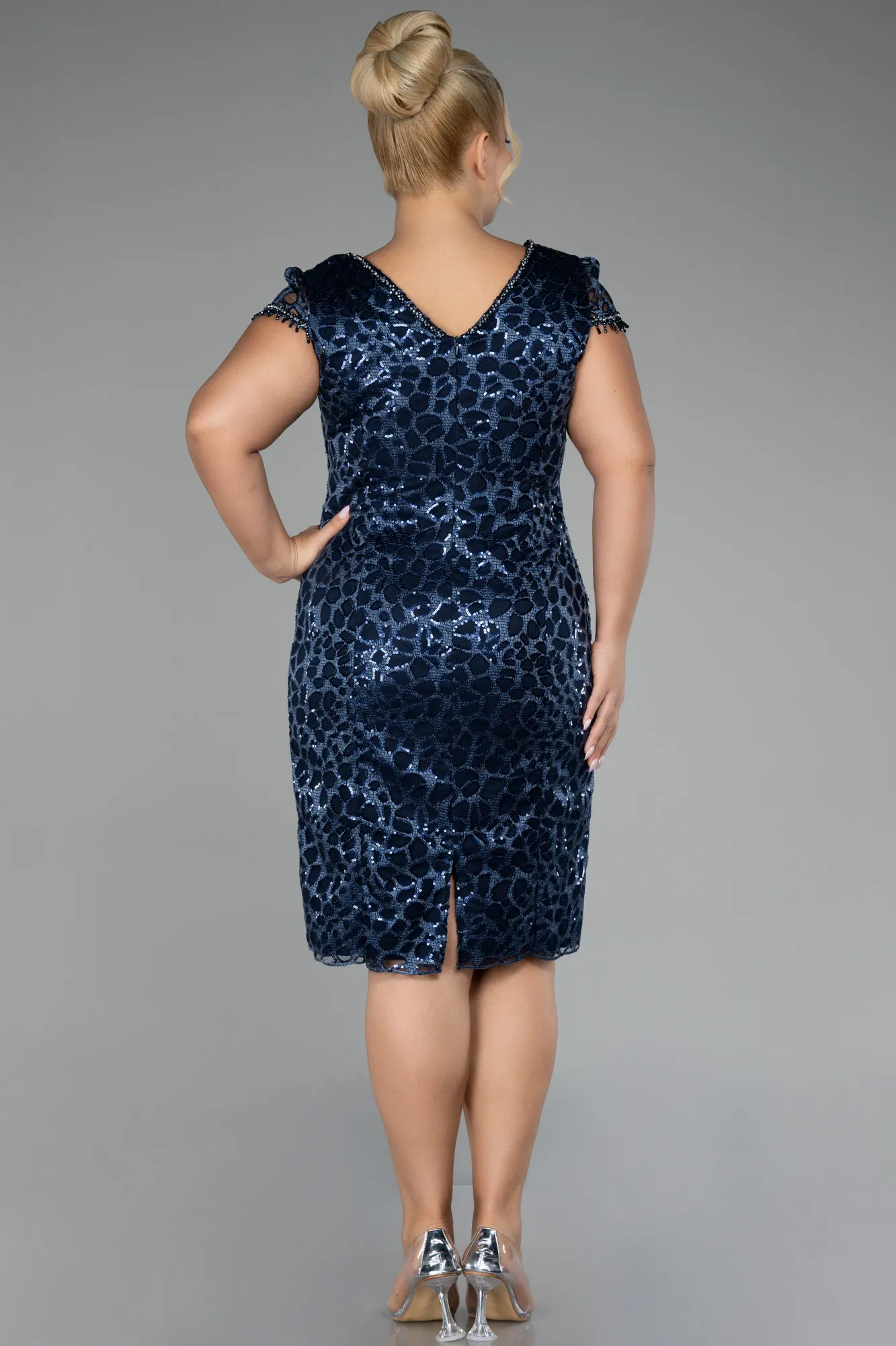 Navy Blue-Short Sleeve Midi Scaly Plus Size Cocktail Dress ABK2132