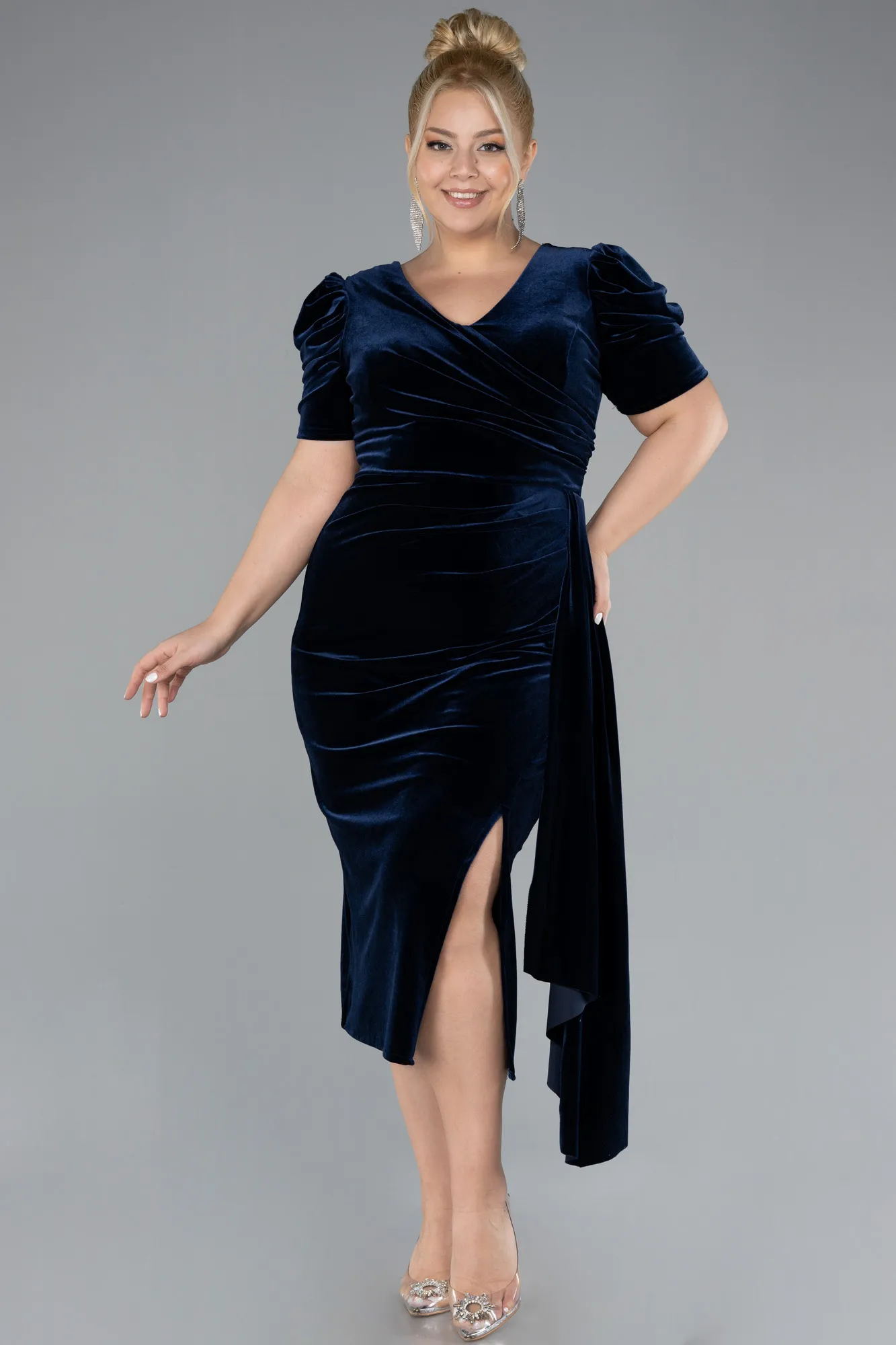 Navy Blue-Short Sleeve Midi Velvet Invitation Dress ABK2163