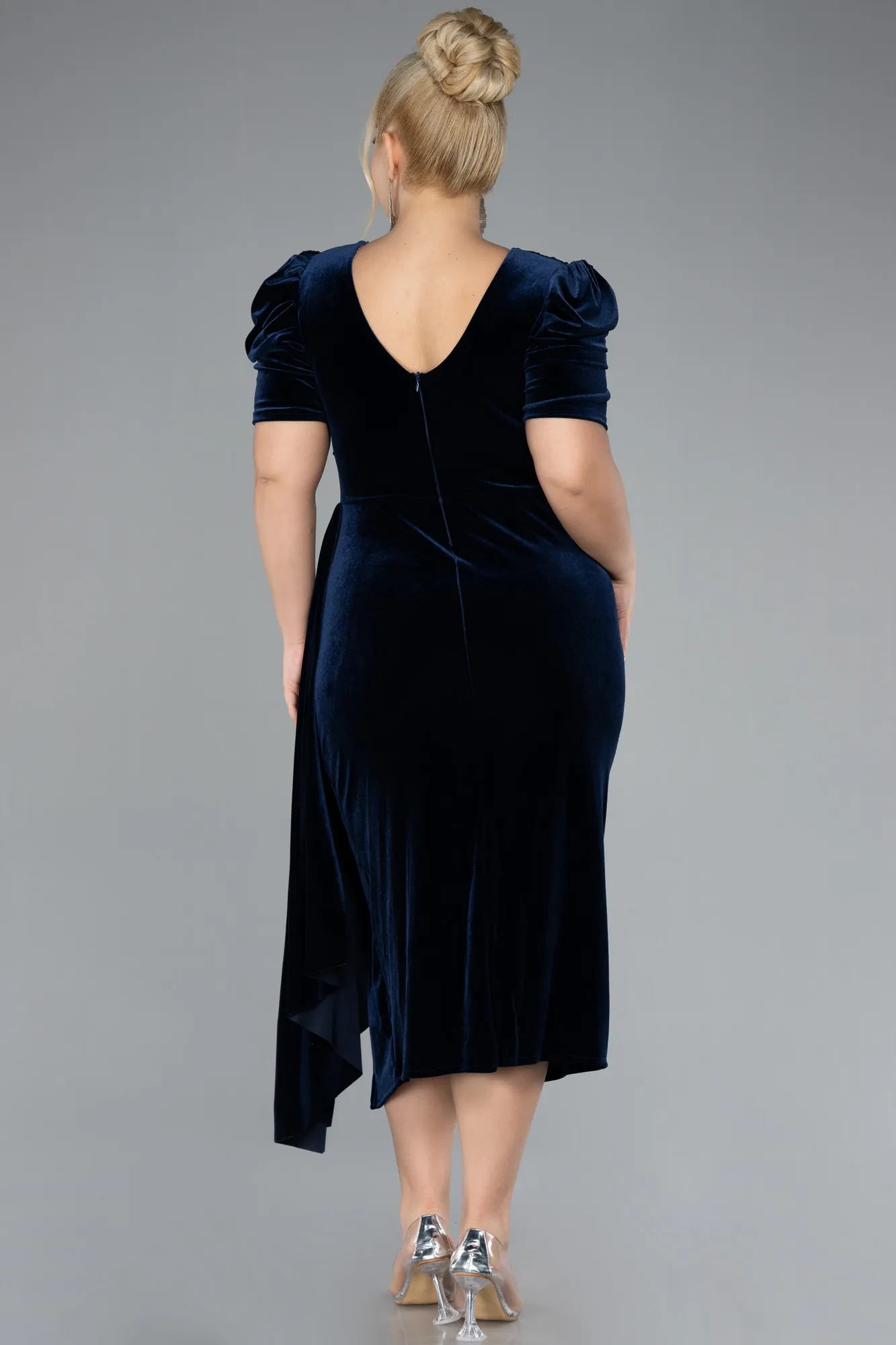 Navy Blue-Short Sleeve Midi Velvet Invitation Dress ABK2163