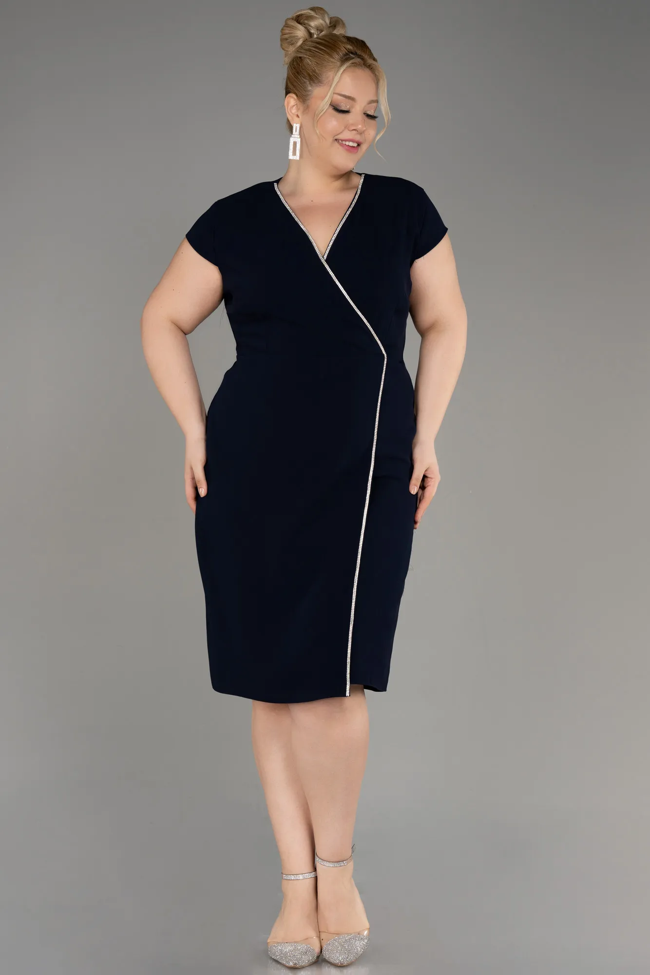 Navy Blue-Short Sleeve Plus Size Elegant Dress ABK2092