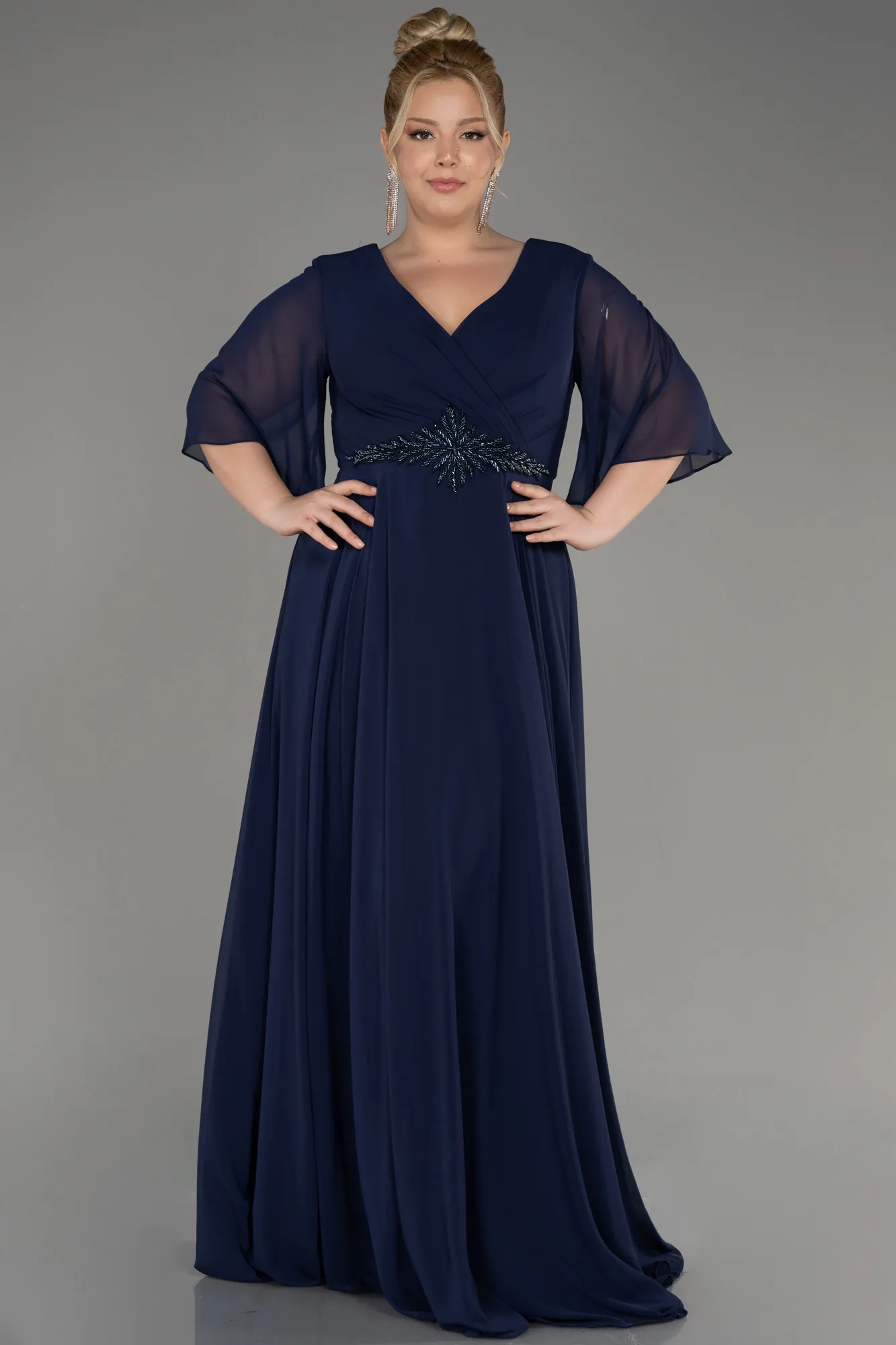 Navy Blue-Short Sleeve Plus Size Long Chiffon Evening Dress ABU3991