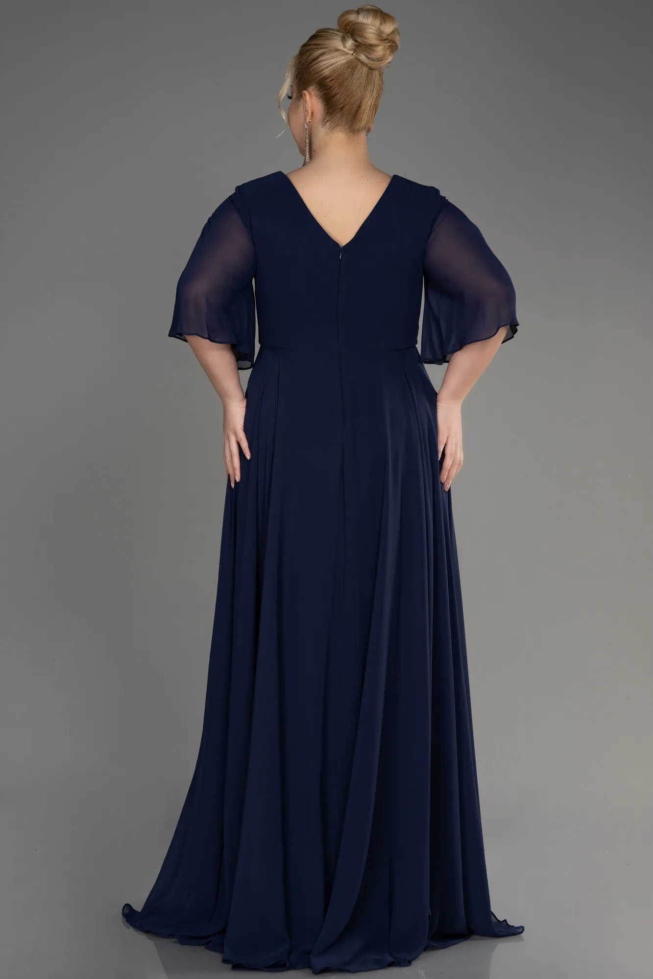 Navy Blue-Short Sleeve Plus Size Long Chiffon Evening Dress ABU3991