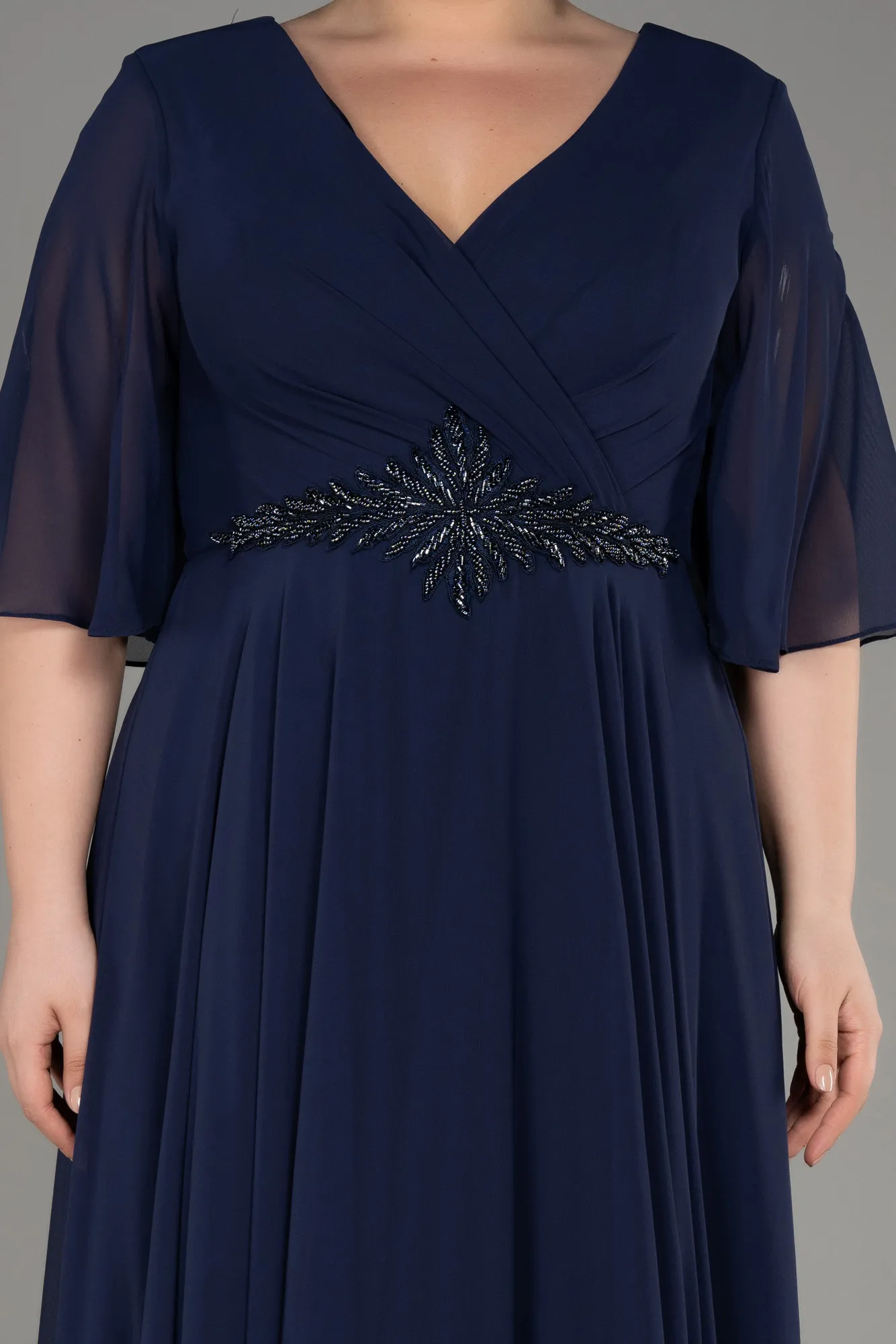 Navy Blue-Short Sleeve Plus Size Long Chiffon Evening Dress ABU3991