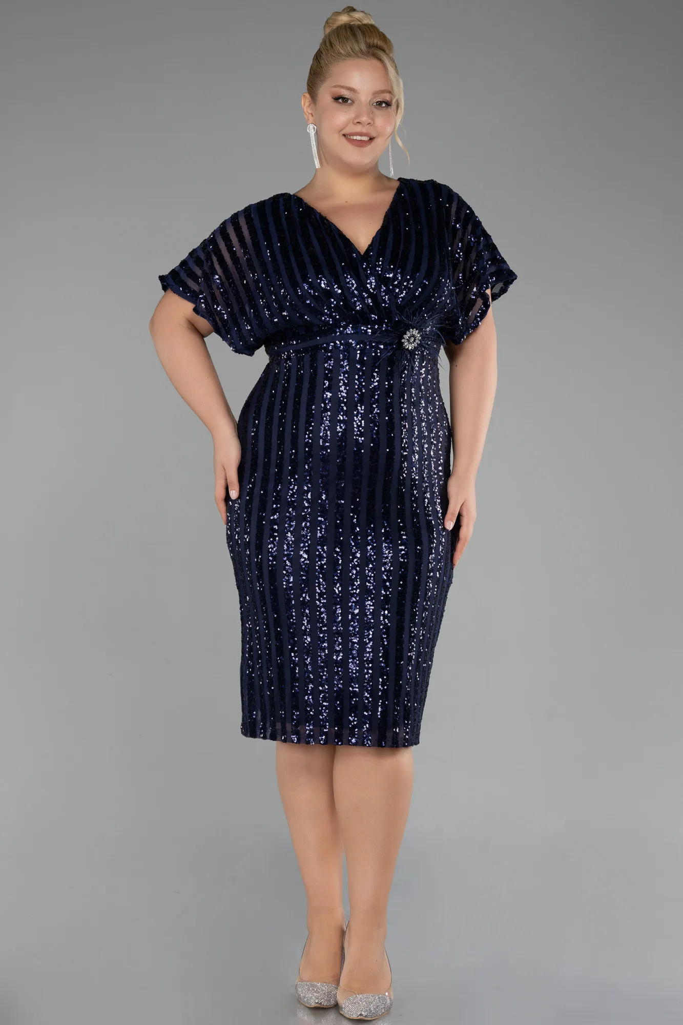 Navy Blue-Short Sleeve Scaly Midi Plus Size Cocktail Dress ABK2104