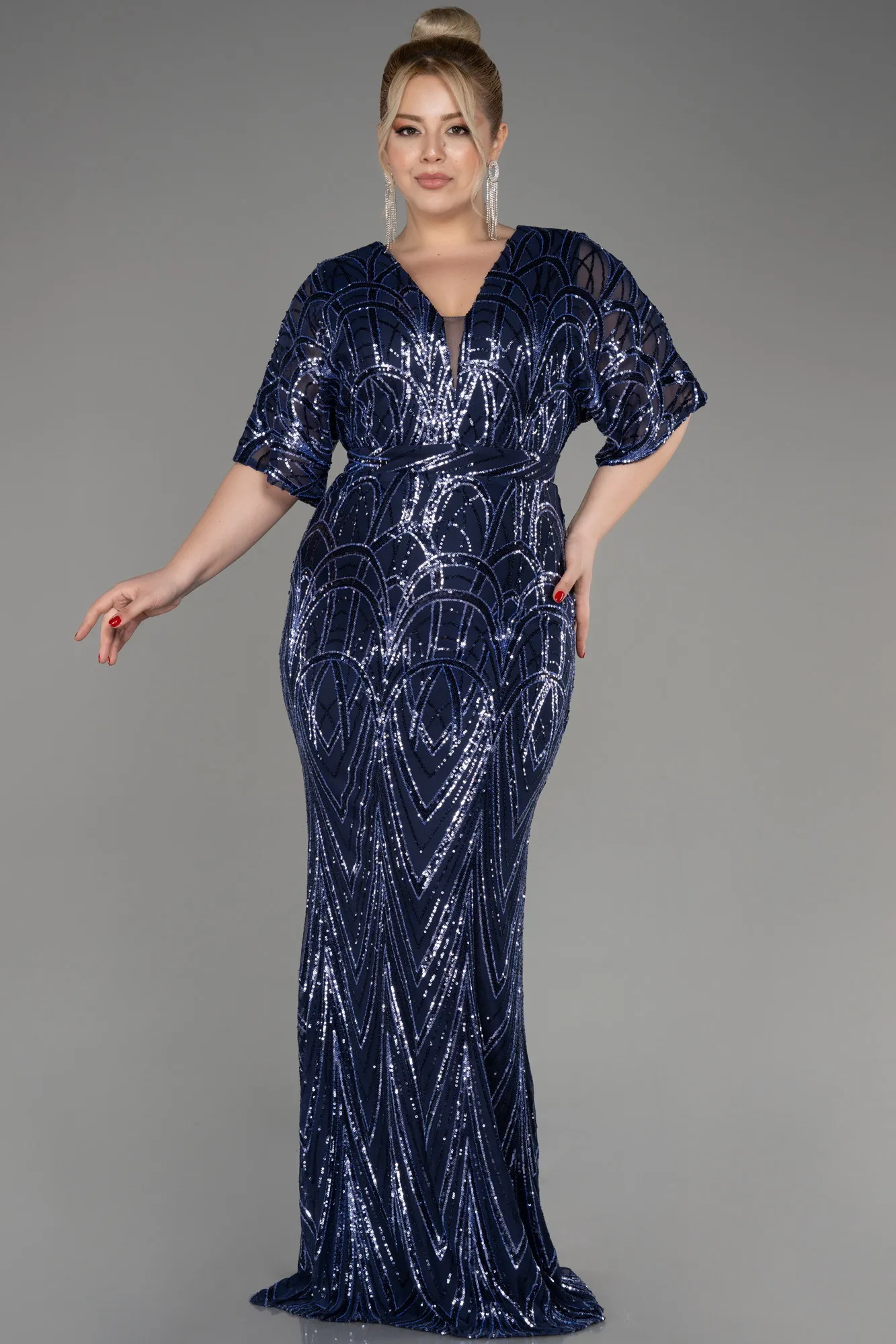 Navy Blue-Short Sleeve Sequin Long Plus Size Evening Gown ABU3922