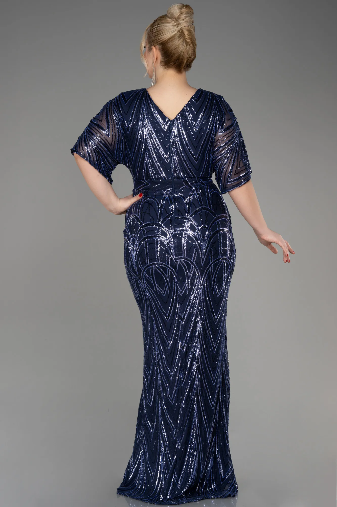 Navy Blue-Short Sleeve Sequin Long Plus Size Evening Gown ABU3922