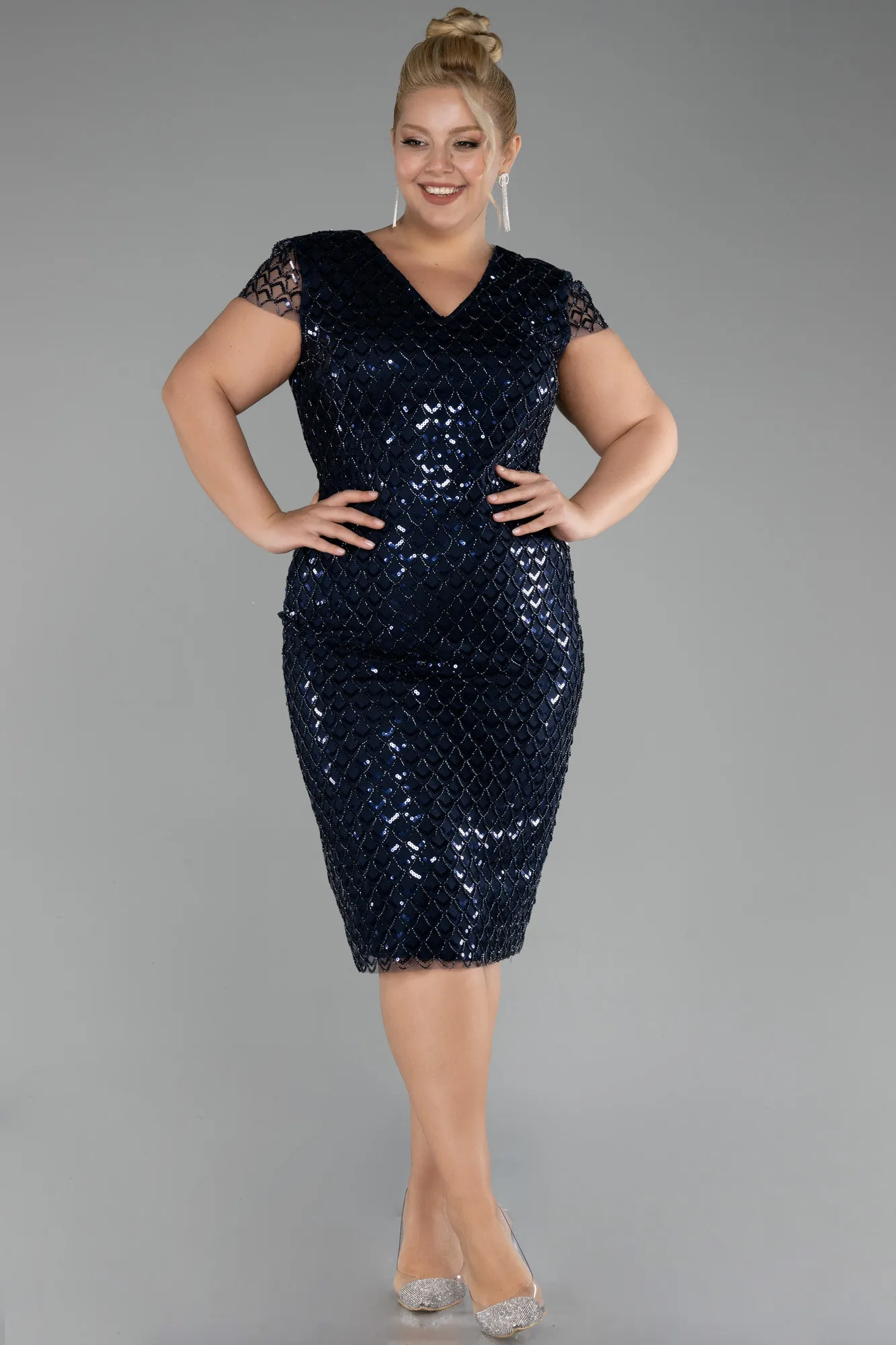 Navy Blue-Short Sleeve Sequin Midi Plus Size Evening Dress ABK2137