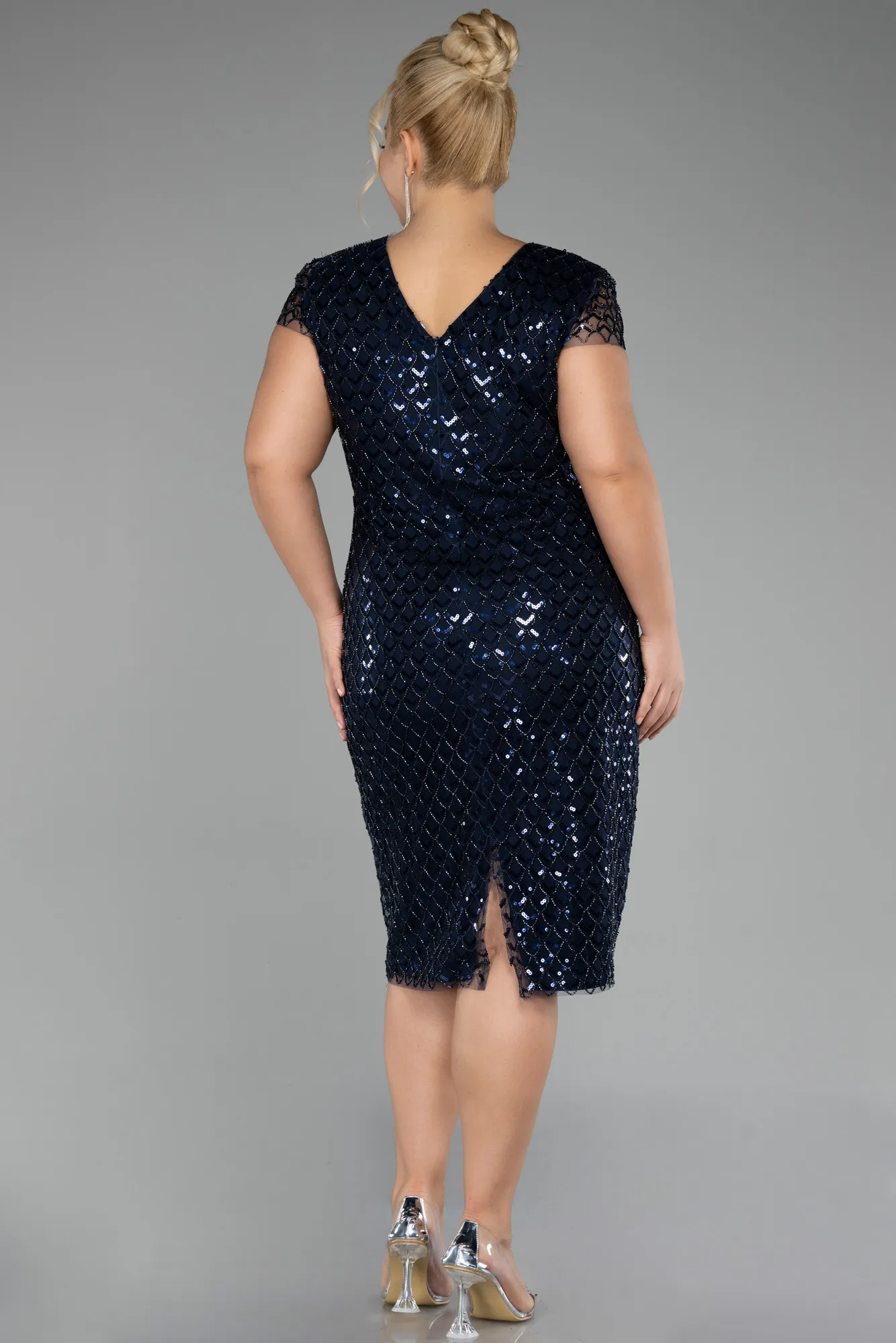 Navy Blue-Short Sleeve Sequin Midi Plus Size Evening Dress ABK2137