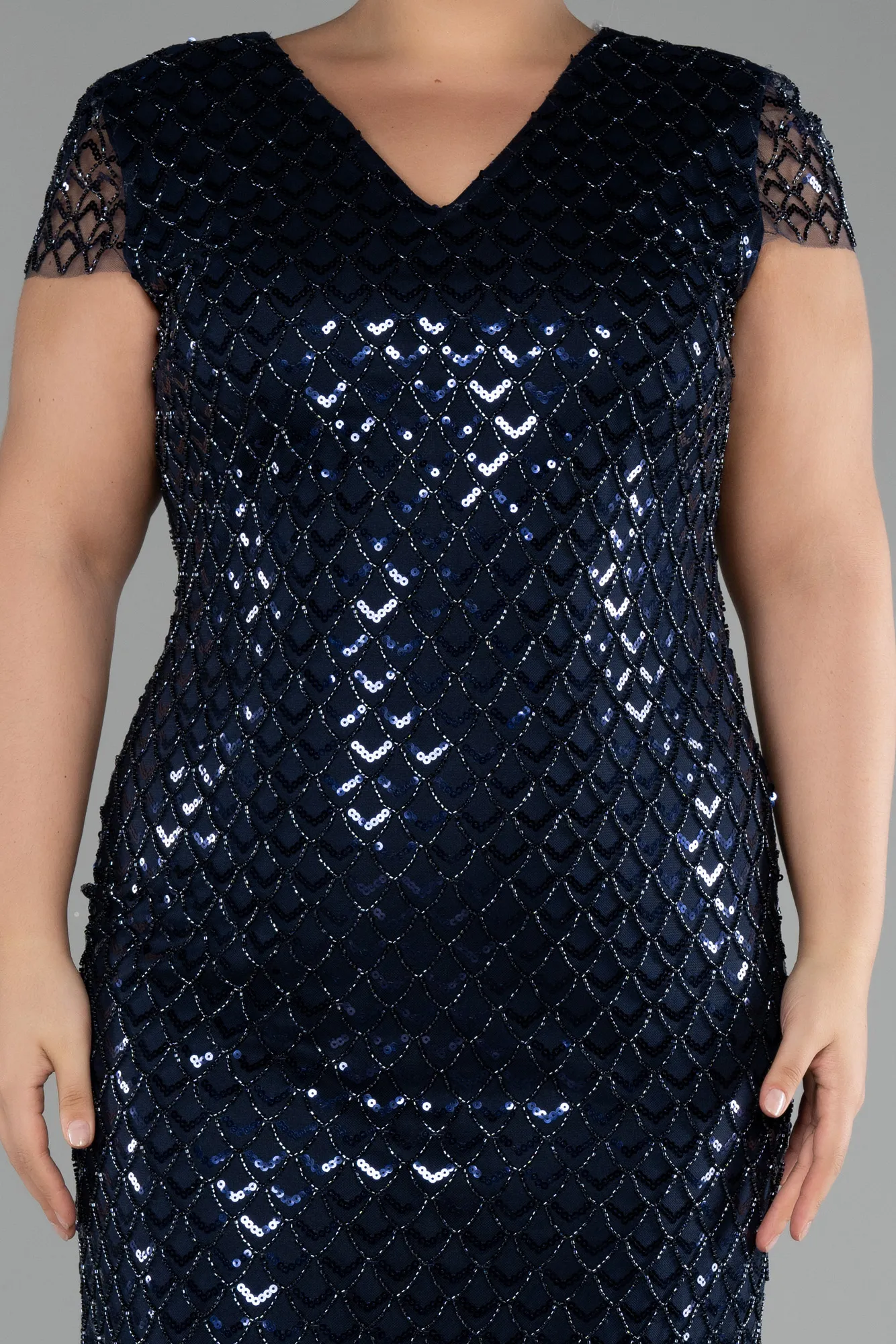 Navy Blue-Short Sleeve Sequin Midi Plus Size Evening Dress ABK2137