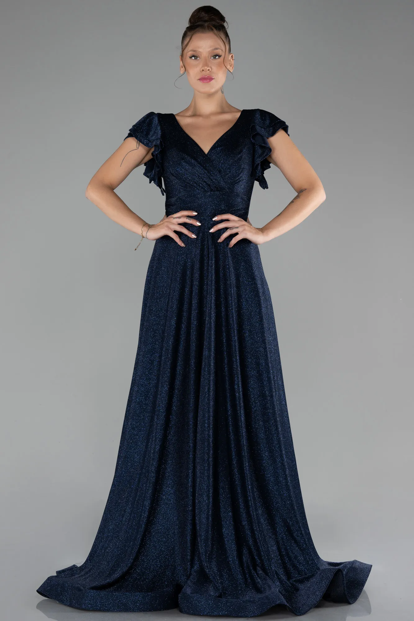 Navy Blue-Short Sleeve Silvery Long Evening Dress ABU4301