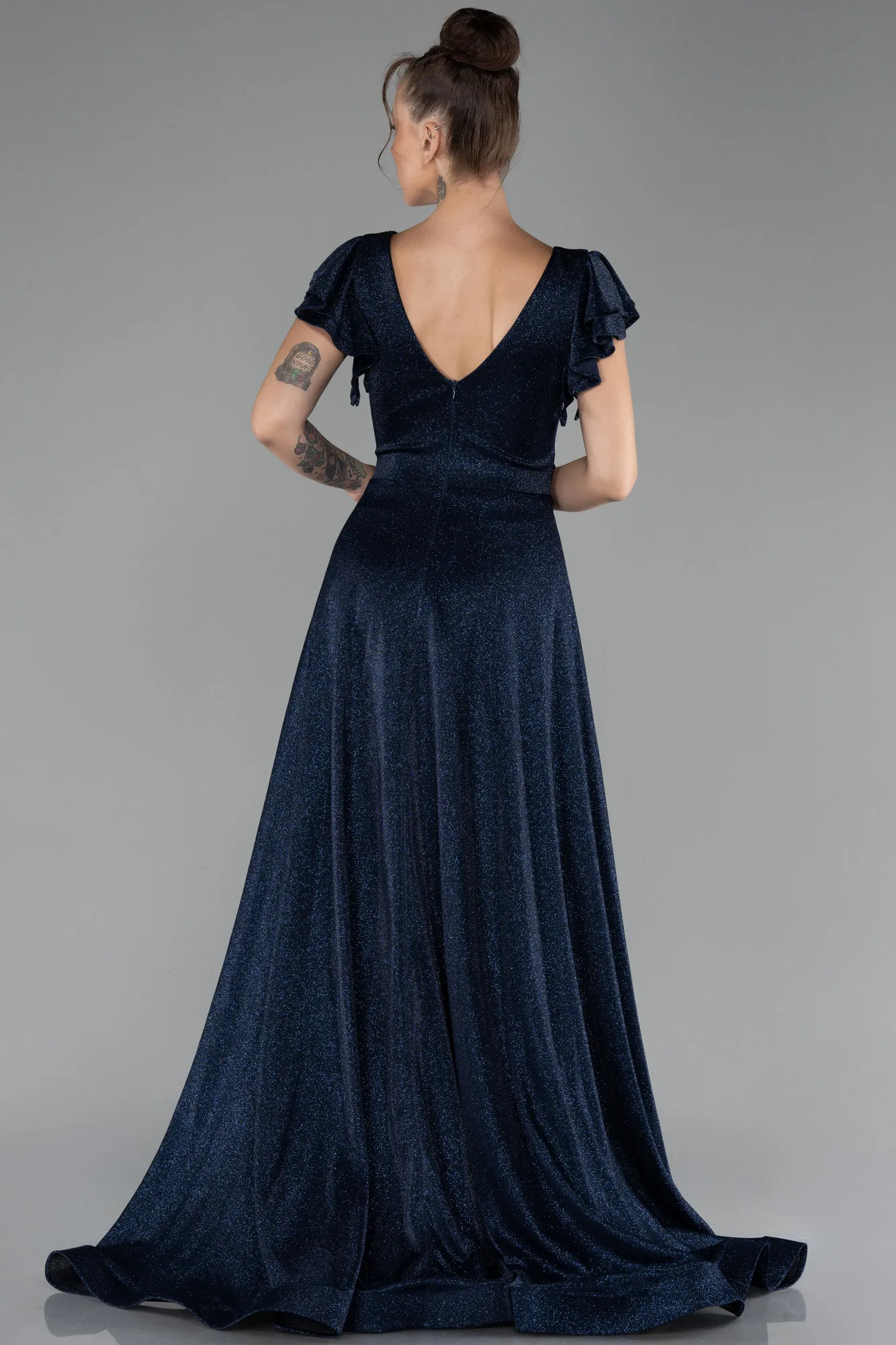 Navy Blue-Short Sleeve Silvery Long Evening Dress ABU4301