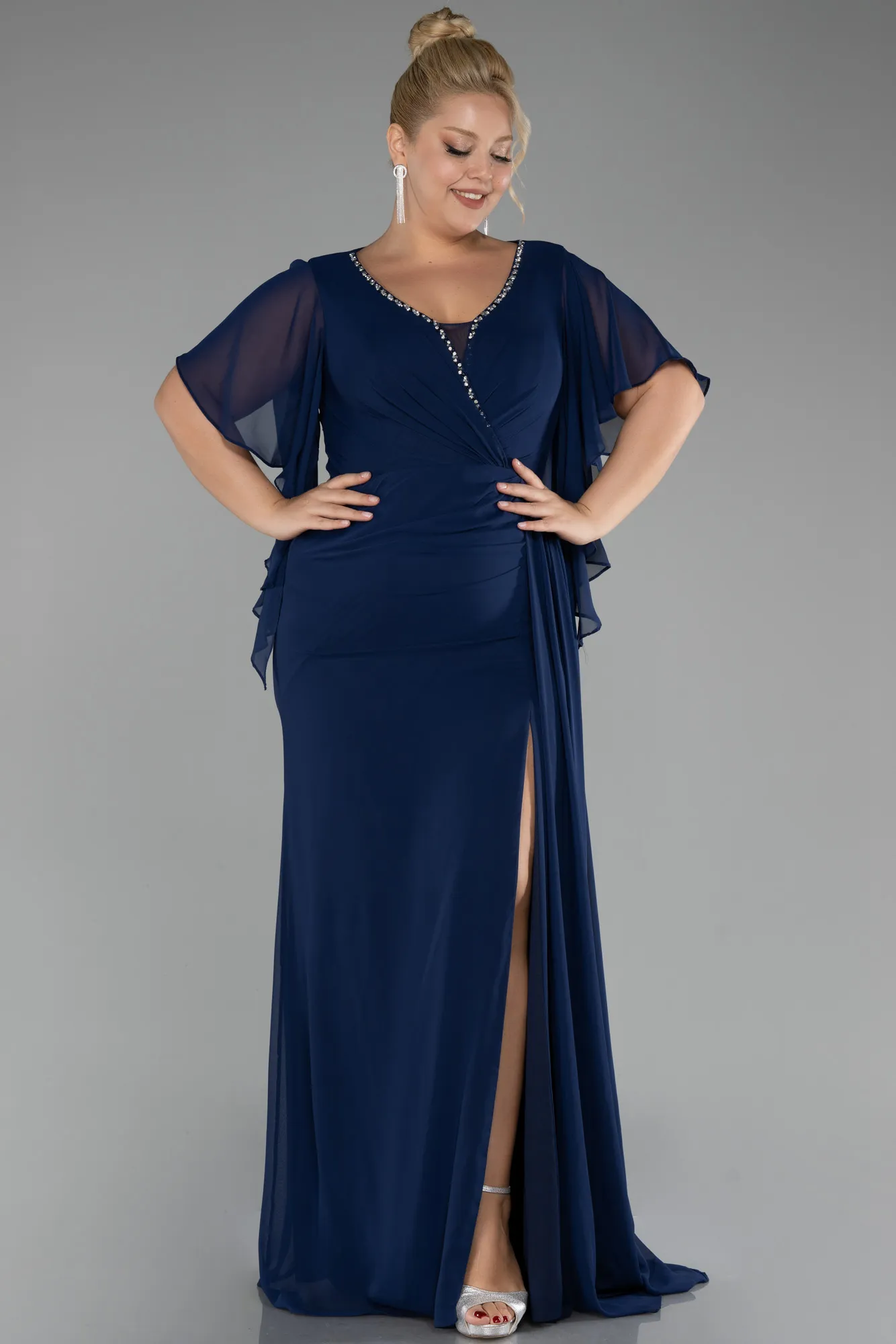 Navy Blue-Short Sleeve Slit Long Chiffon Plus Size Evening Dress ABU4209