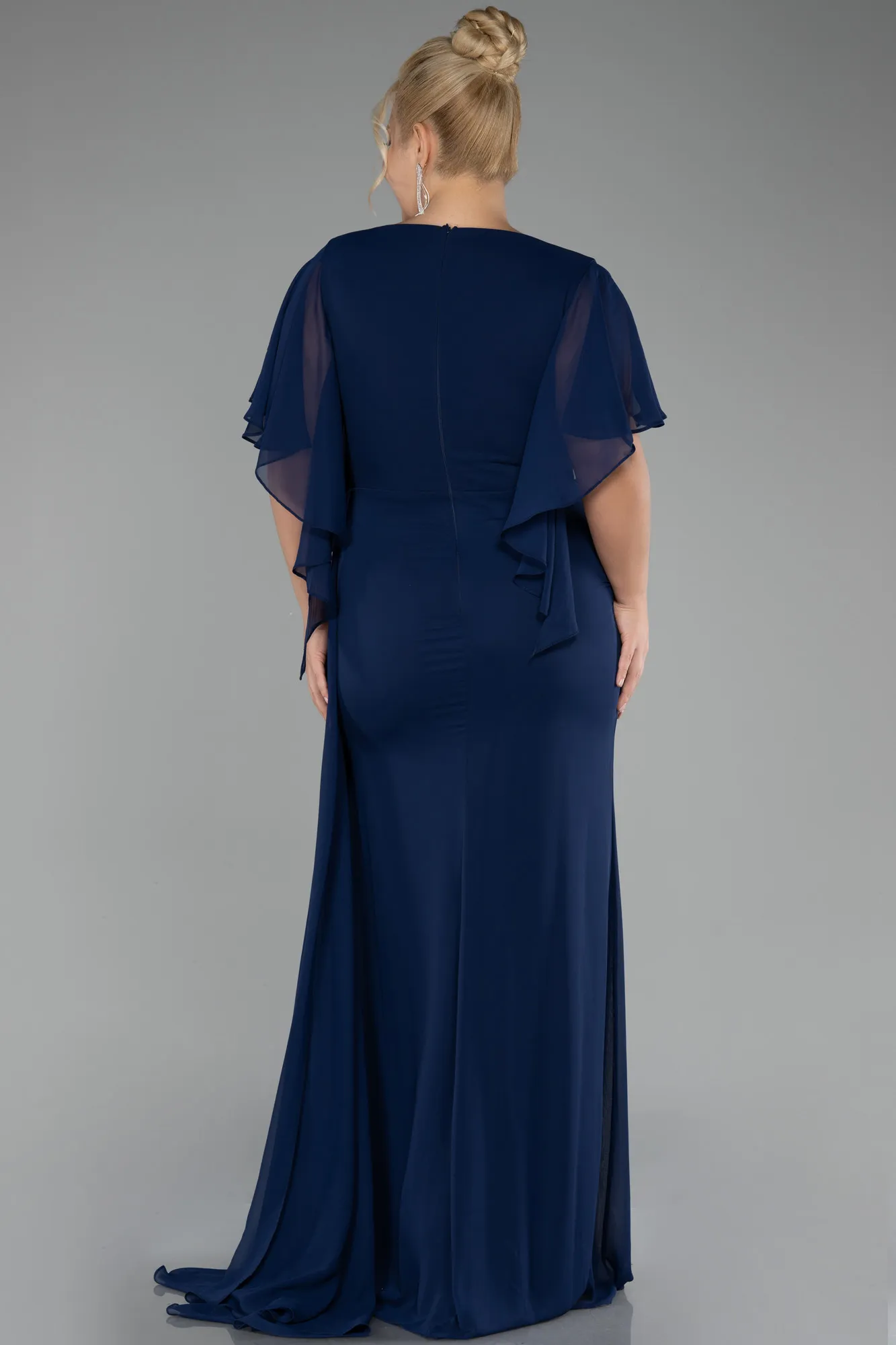 Navy Blue-Short Sleeve Slit Long Chiffon Plus Size Evening Dress ABU4209