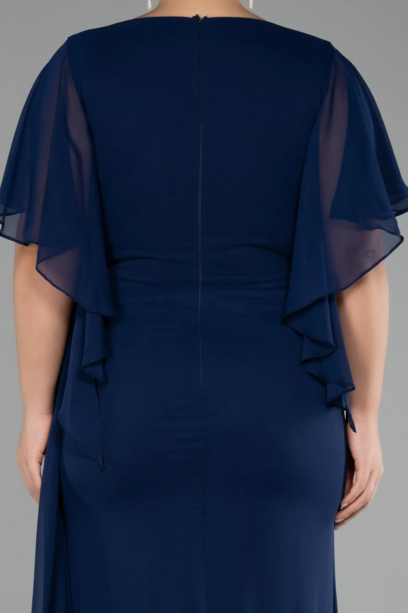 Navy Blue-Short Sleeve Slit Long Chiffon Plus Size Evening Dress ABU4209