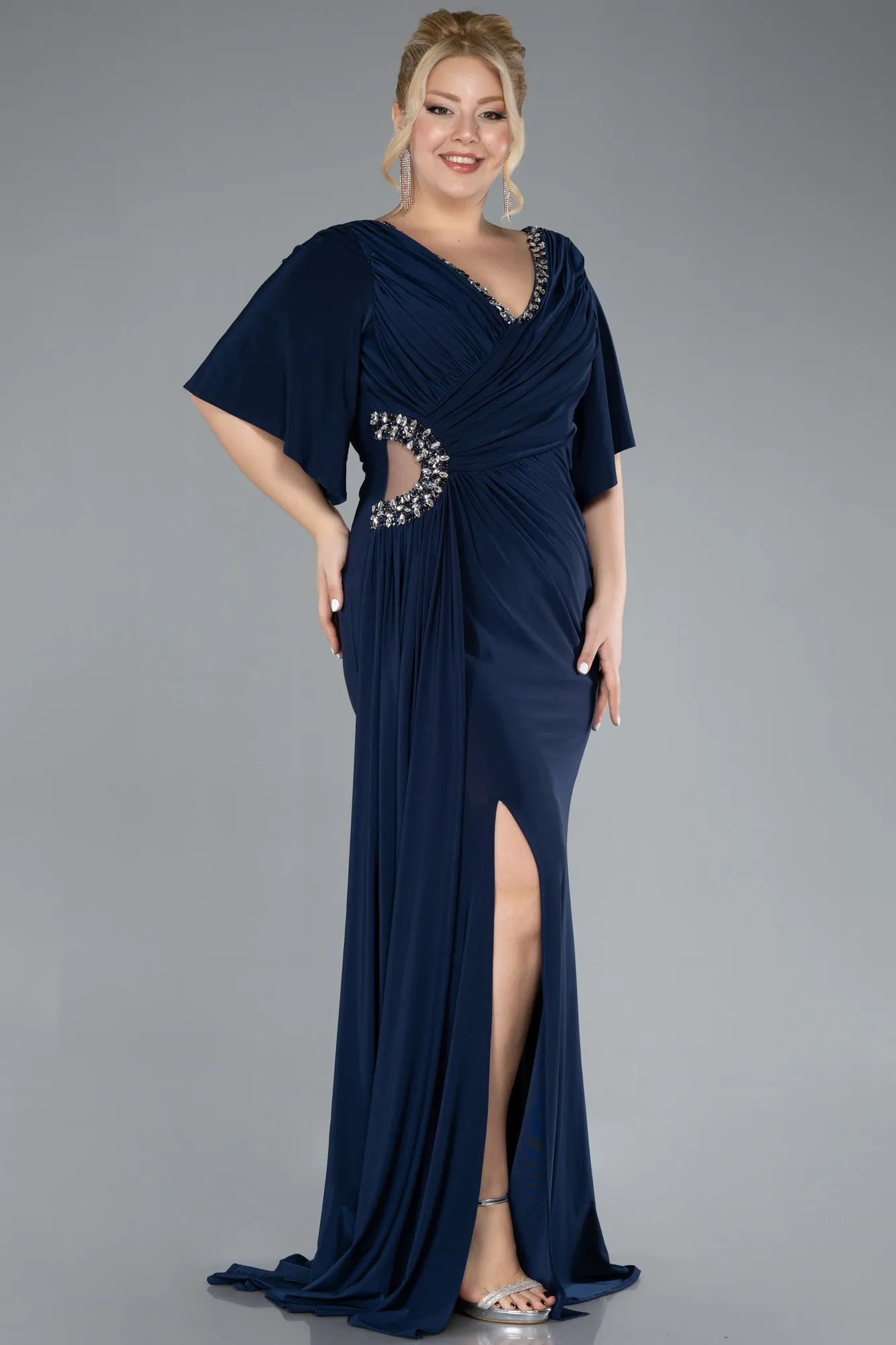 Navy Blue-Short Sleeve Slit Long Plus Size Evening Dress ABU3735