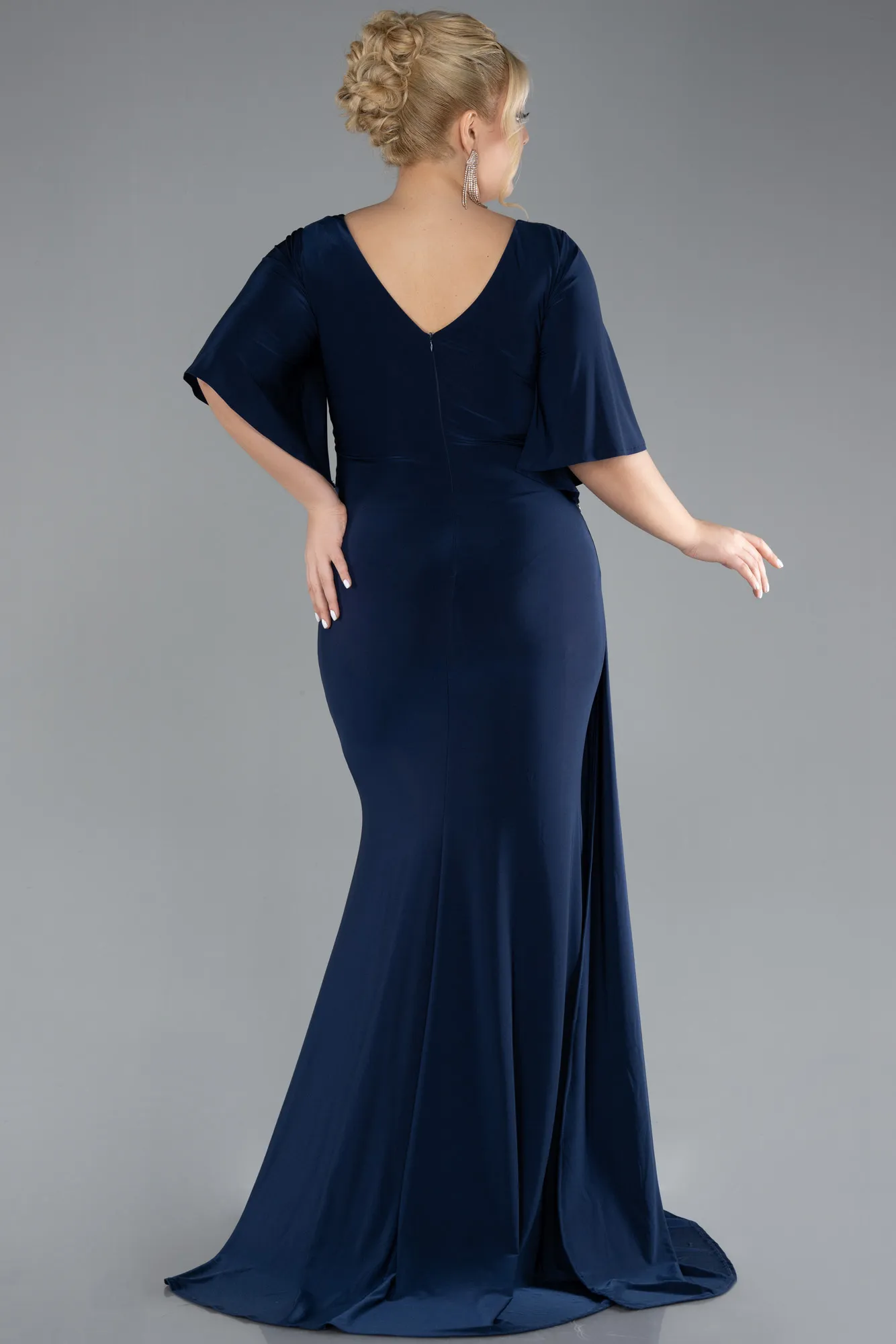 Navy Blue-Short Sleeve Slit Long Plus Size Evening Dress ABU3735