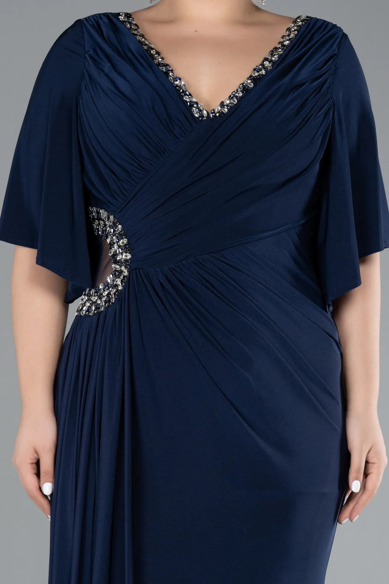 Navy Blue-Short Sleeve Slit Long Plus Size Evening Dress ABU3735