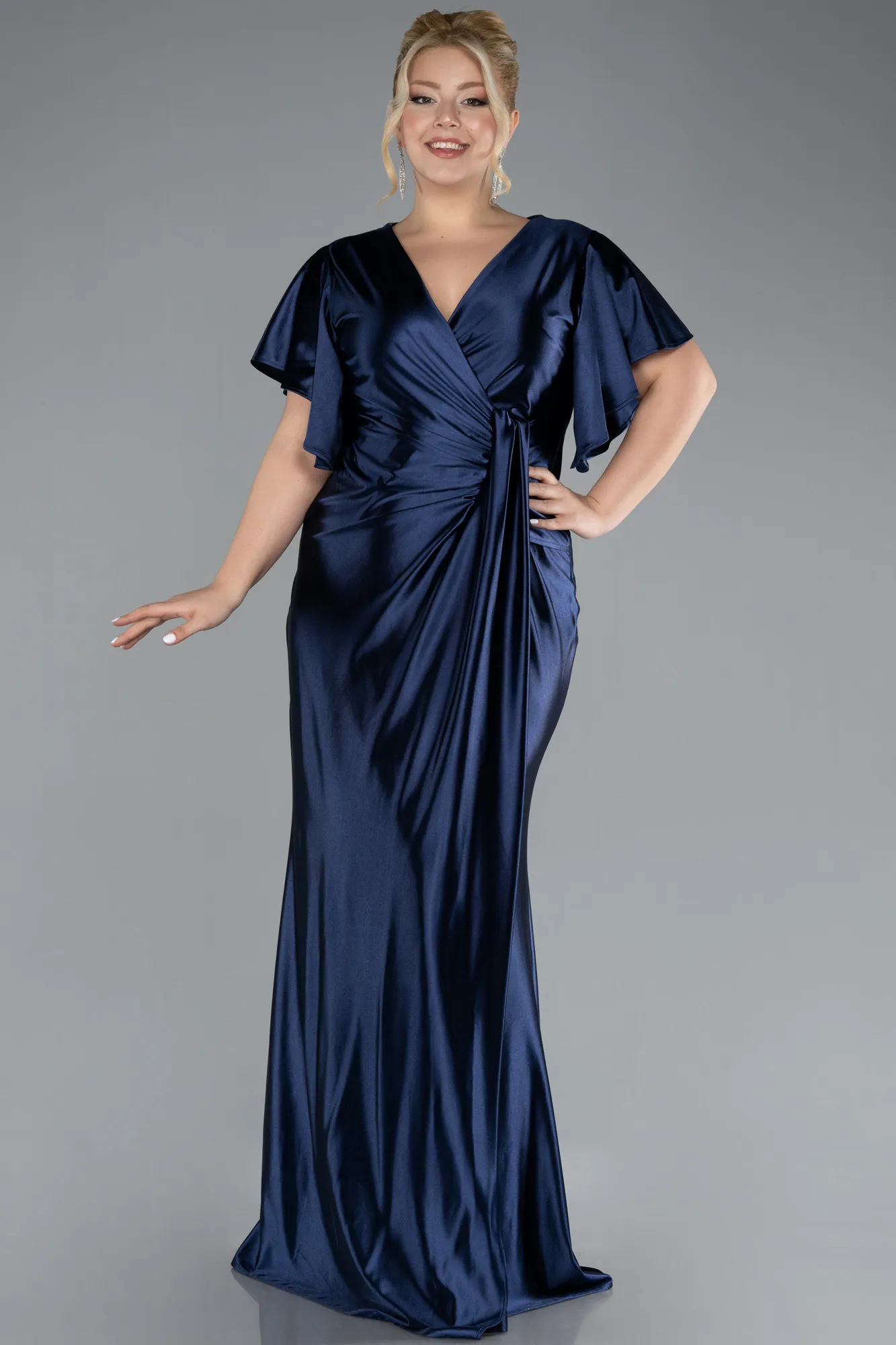 Navy Blue-Short Sleeve Slit Long Satin Plus Size Evening Dress ABU4349