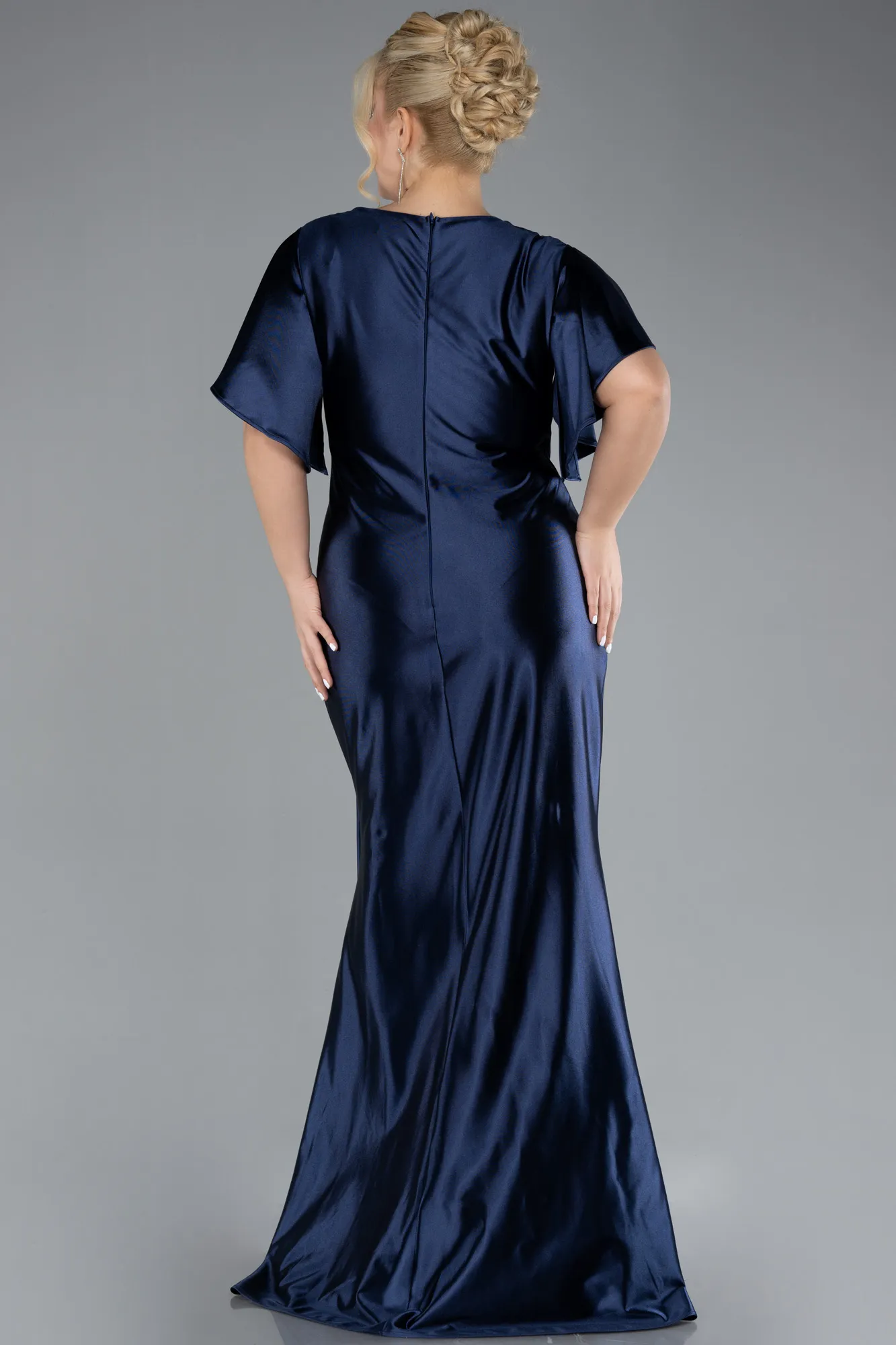 Navy Blue-Short Sleeve Slit Long Satin Plus Size Evening Dress ABU4349