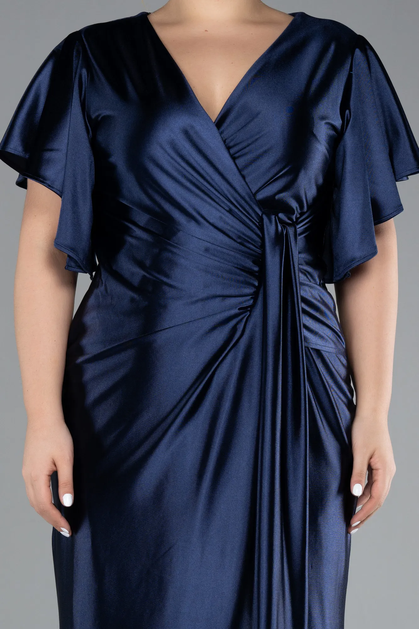 Navy Blue-Short Sleeve Slit Long Satin Plus Size Evening Dress ABU4349