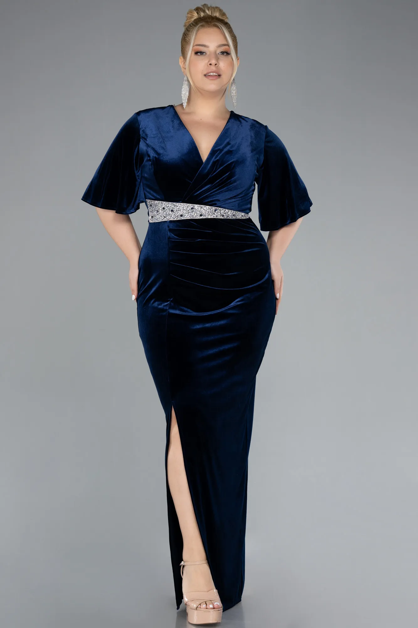 Navy Blue-Short Sleeve Slit Long Velvet Plus Size Evening Dress ABU4316