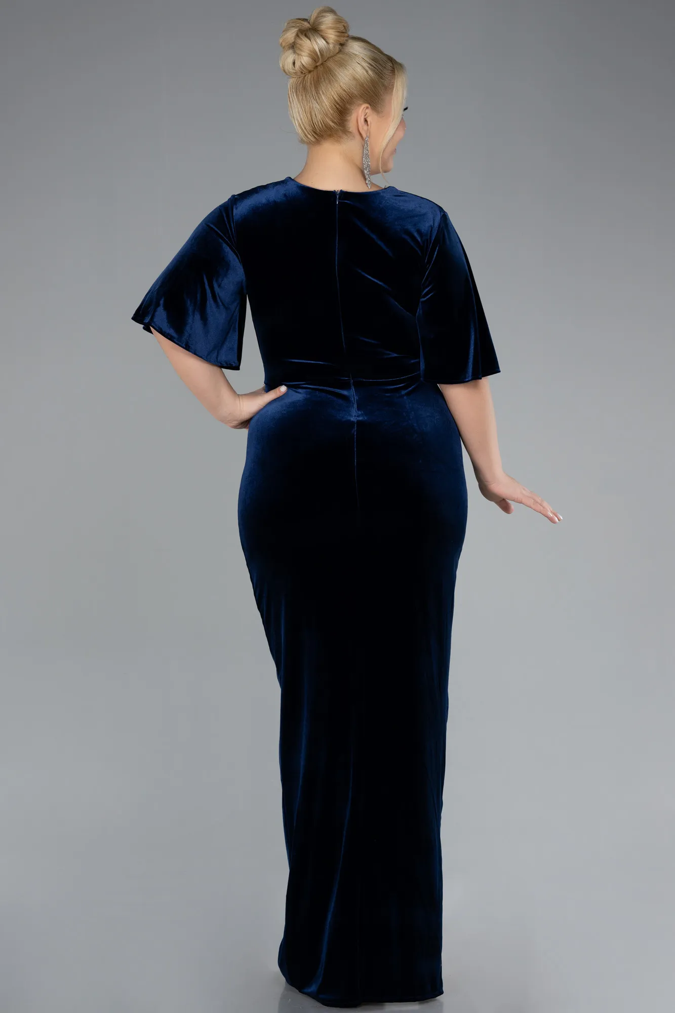 Navy Blue-Short Sleeve Slit Long Velvet Plus Size Evening Dress ABU4316